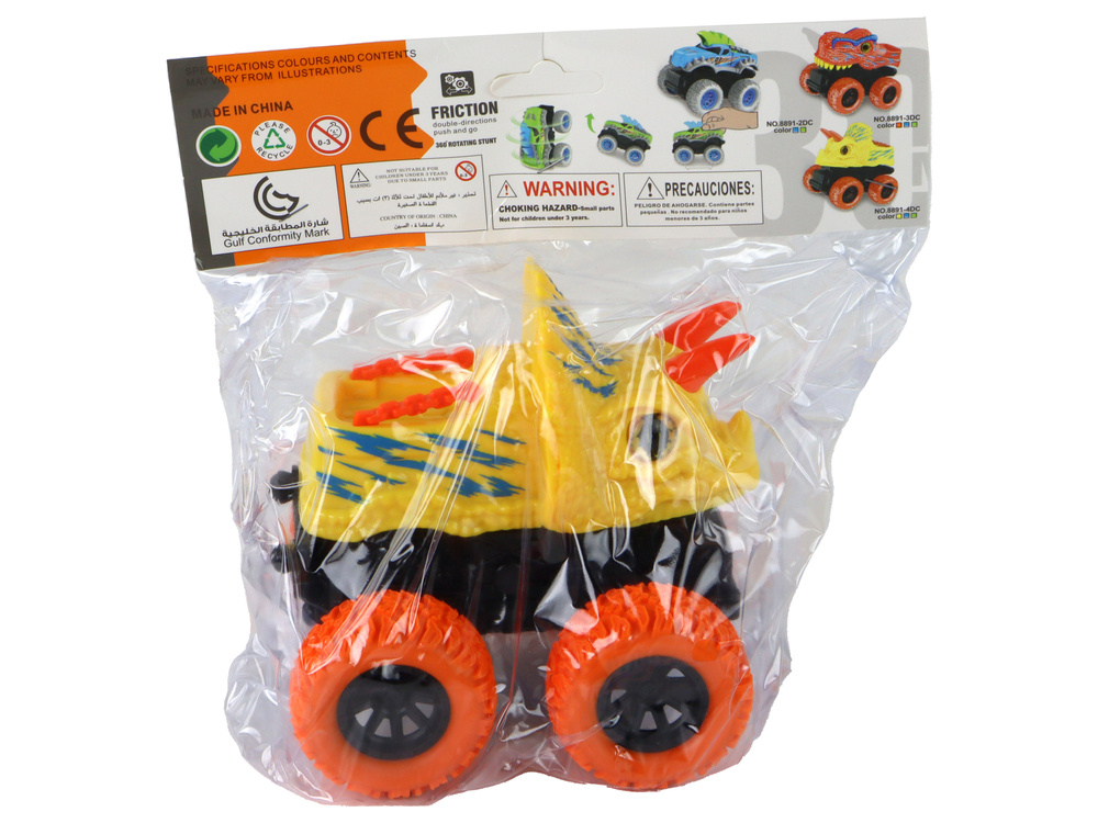 Žaislinis dinozauro automobilis lean toys, geltonas/oranžinis, 13x12x11,5 cm