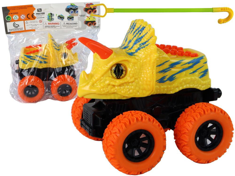 Žaislinis dinozauro automobilis lean toys, geltonas/oranžinis, 13x12x11,5 cm