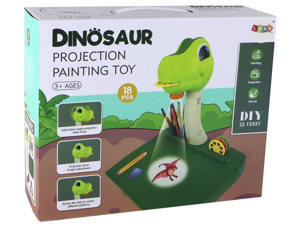 Dinozaurų formos piešimo projektorius su garsais ir priedais