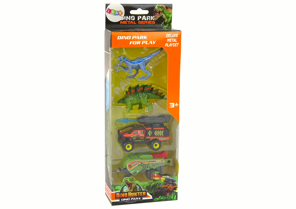 Figūrėlių rinkinys dinozaurai ir visureigis su raketa ir puspriekabe leantoys