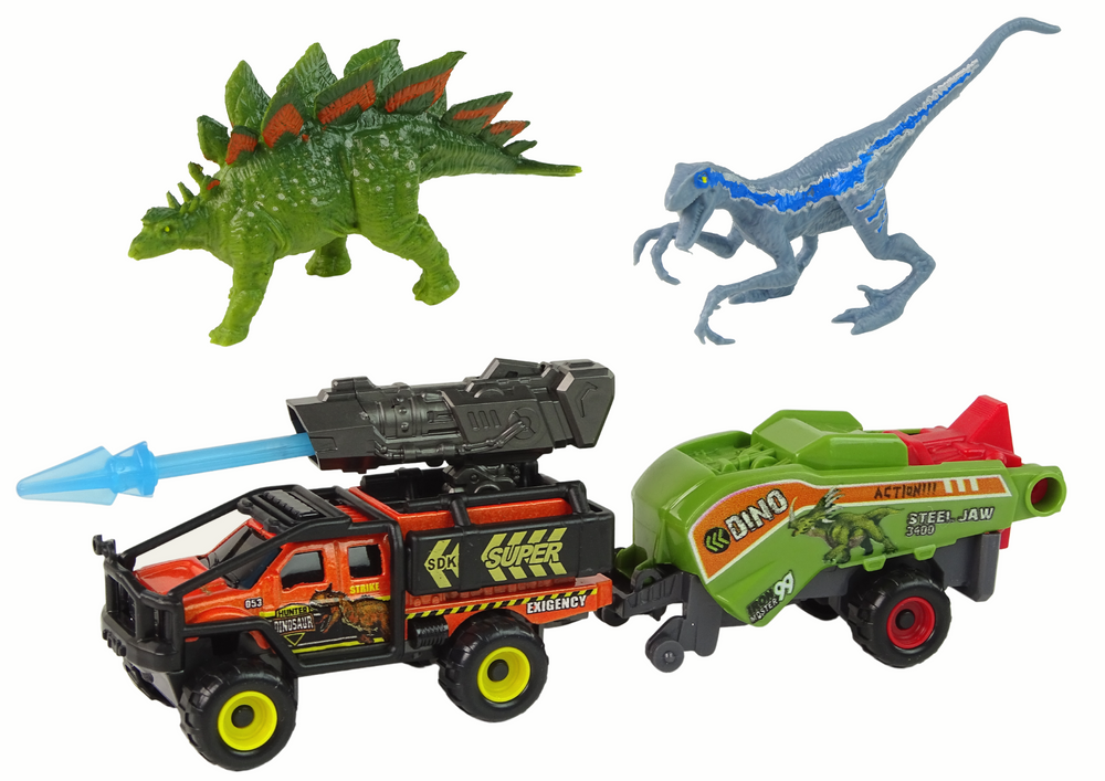 Figūrėlių rinkinys dinozaurai ir visureigis su raketa ir puspriekabe leantoys