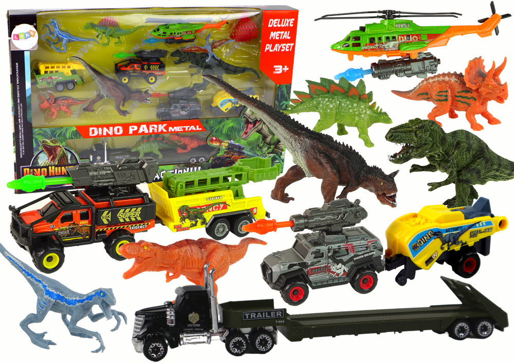 Transporto priemonių komplektas su dinozaurais lean toys