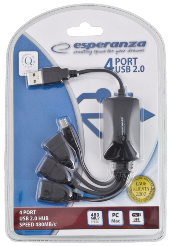Esperanza ea114 šakotuvas 4 jungtys usb2.0 - 3 x usb, 1 x miniusb.