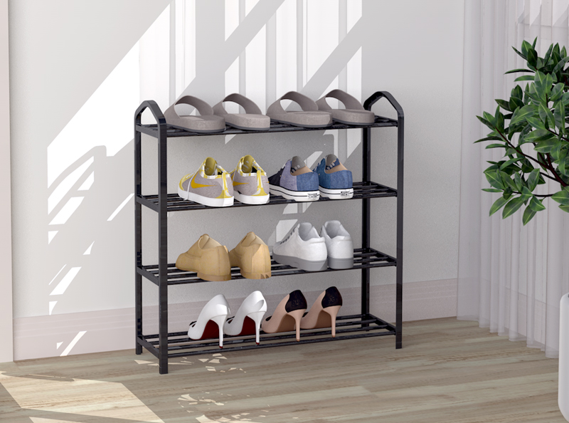 Modernhome metalinė batų lentyna su 4 lentynomis, juoda