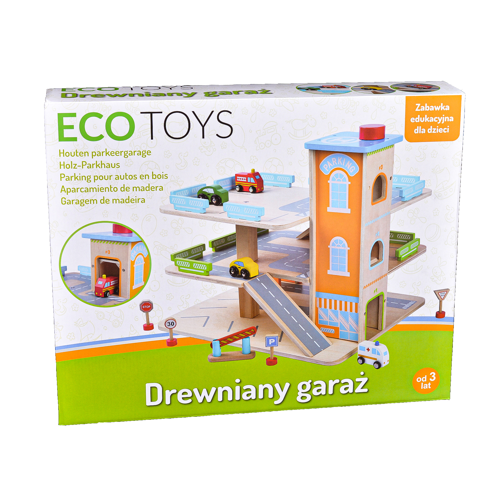 Medinis garažas, trasa su liftu + „ecotoys“ automobiliai