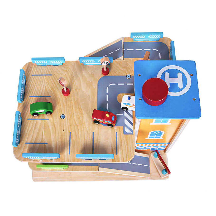 Medinis garažas, trasa su liftu + „ecotoys“ automobiliai