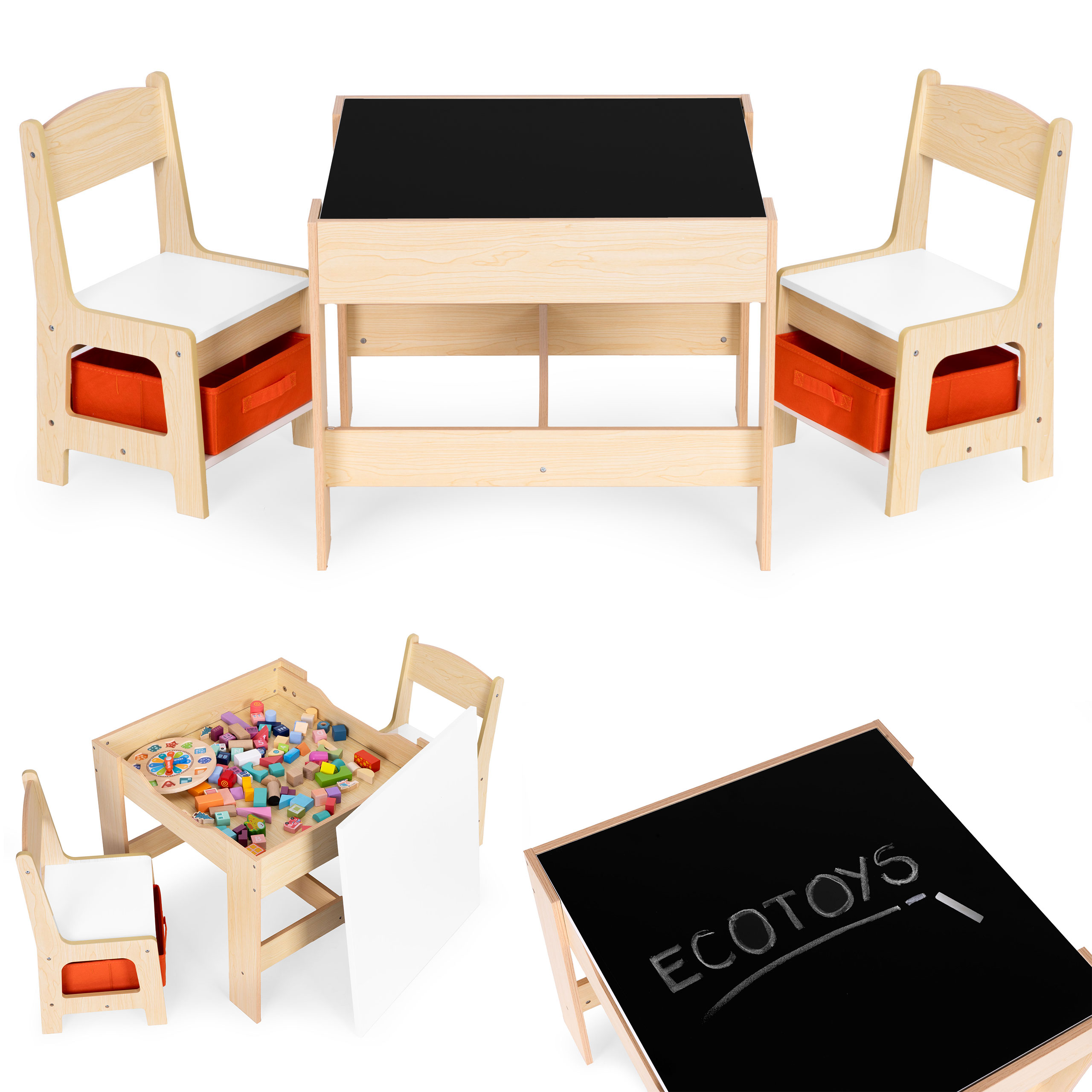 Vaikiškų baldų komplektas: stalas + 2 kėdės, ecotoys kreidinė lenta