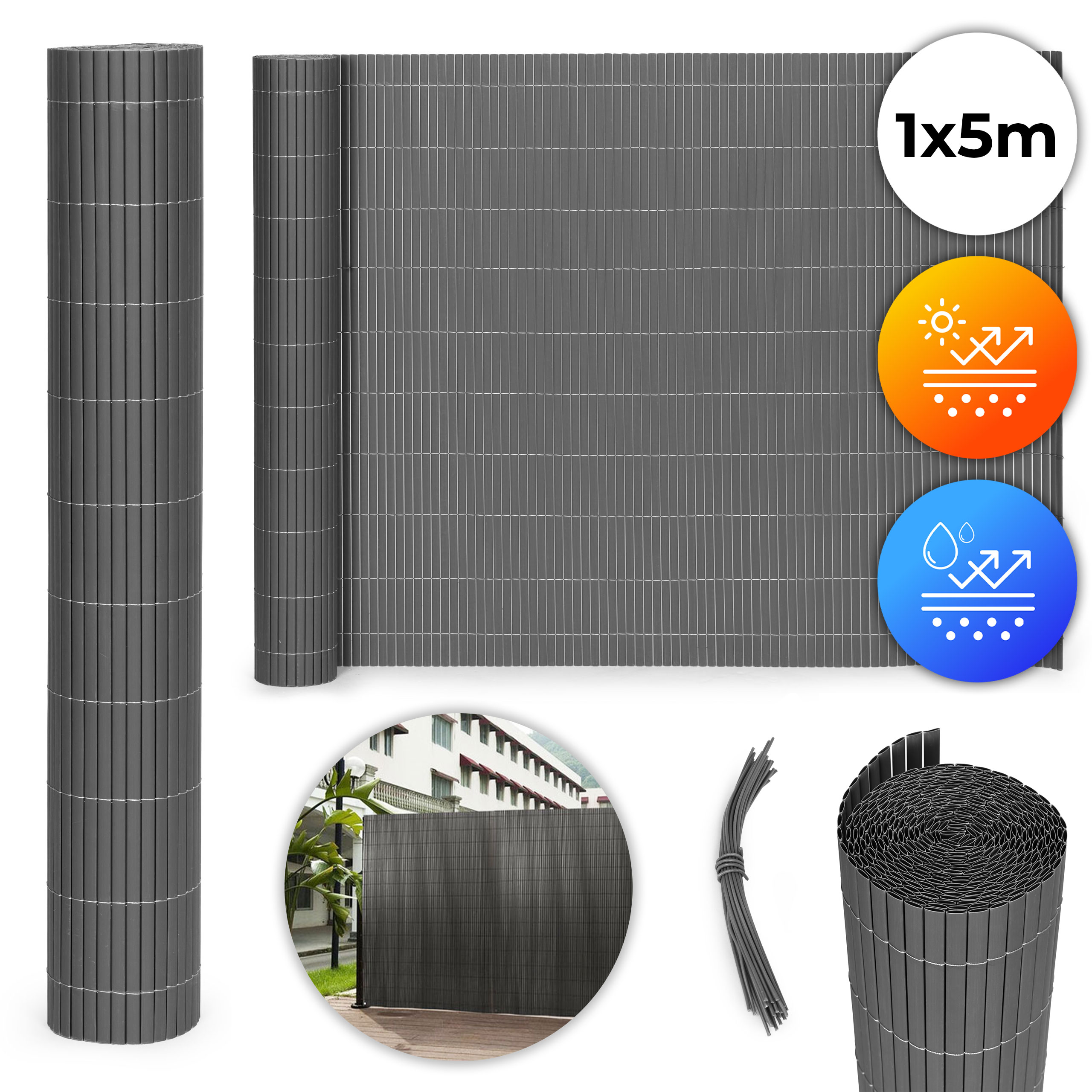 Dvipusė bambukinė danga 100x500 cm balkonui, terasai ir tvorai antracito spalvos