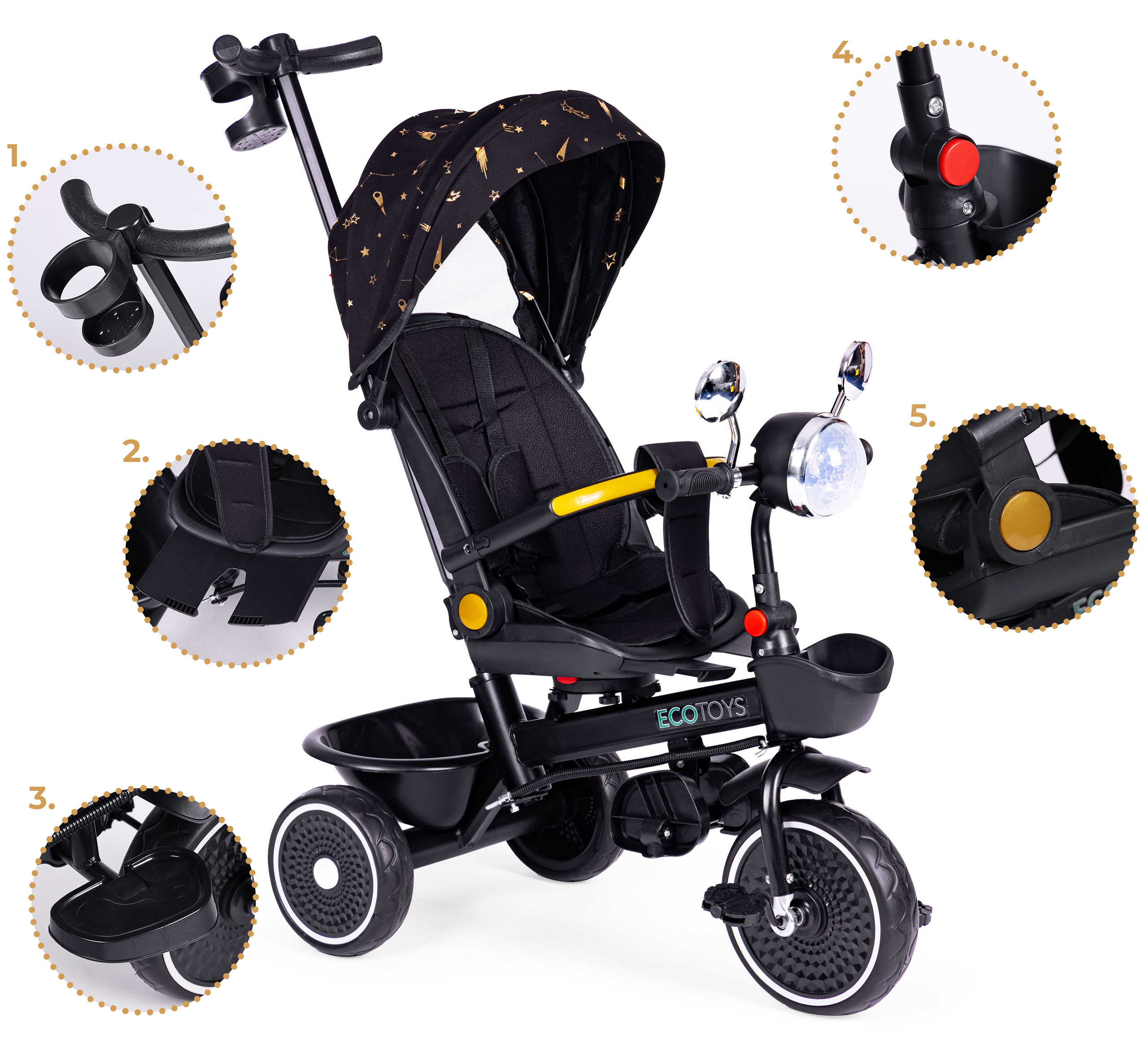 Vaikiška triratė vežimėlis su pasukama sėdyne, stūmimo rankena, juodas, ecotoys