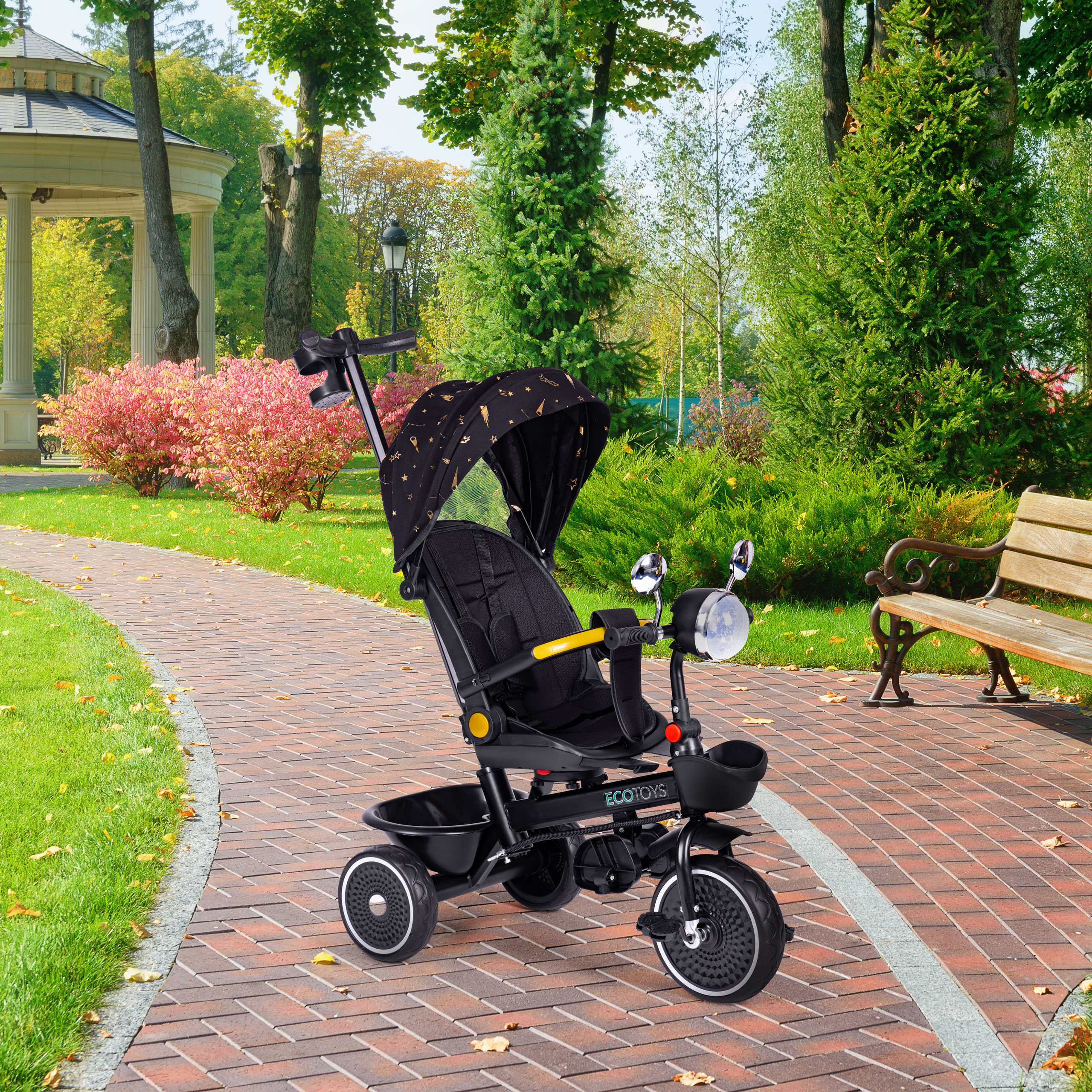 Vaikiška triratė vežimėlis su pasukama sėdyne, stūmimo rankena, juodas, ecotoys