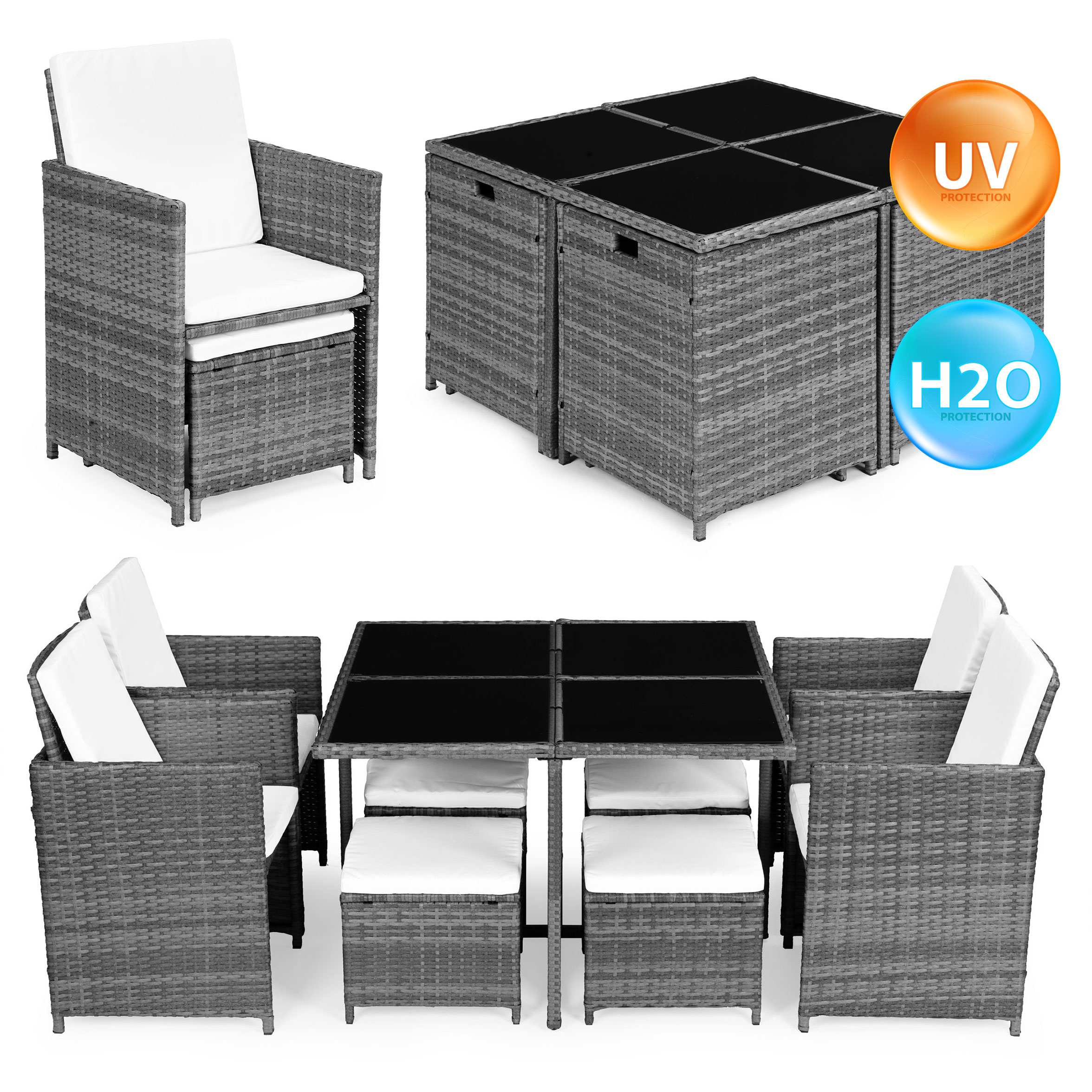 Sodo baldų komplektas iš technorotano, 4 foteliai, 4 pufai, MultiGarden stalas