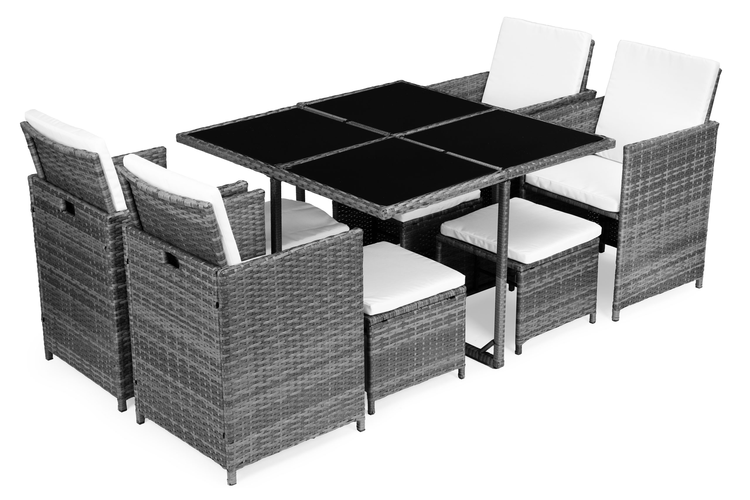 Sodo baldų komplektas iš technorotano, 4 foteliai, 4 pufai, MultiGarden stalas