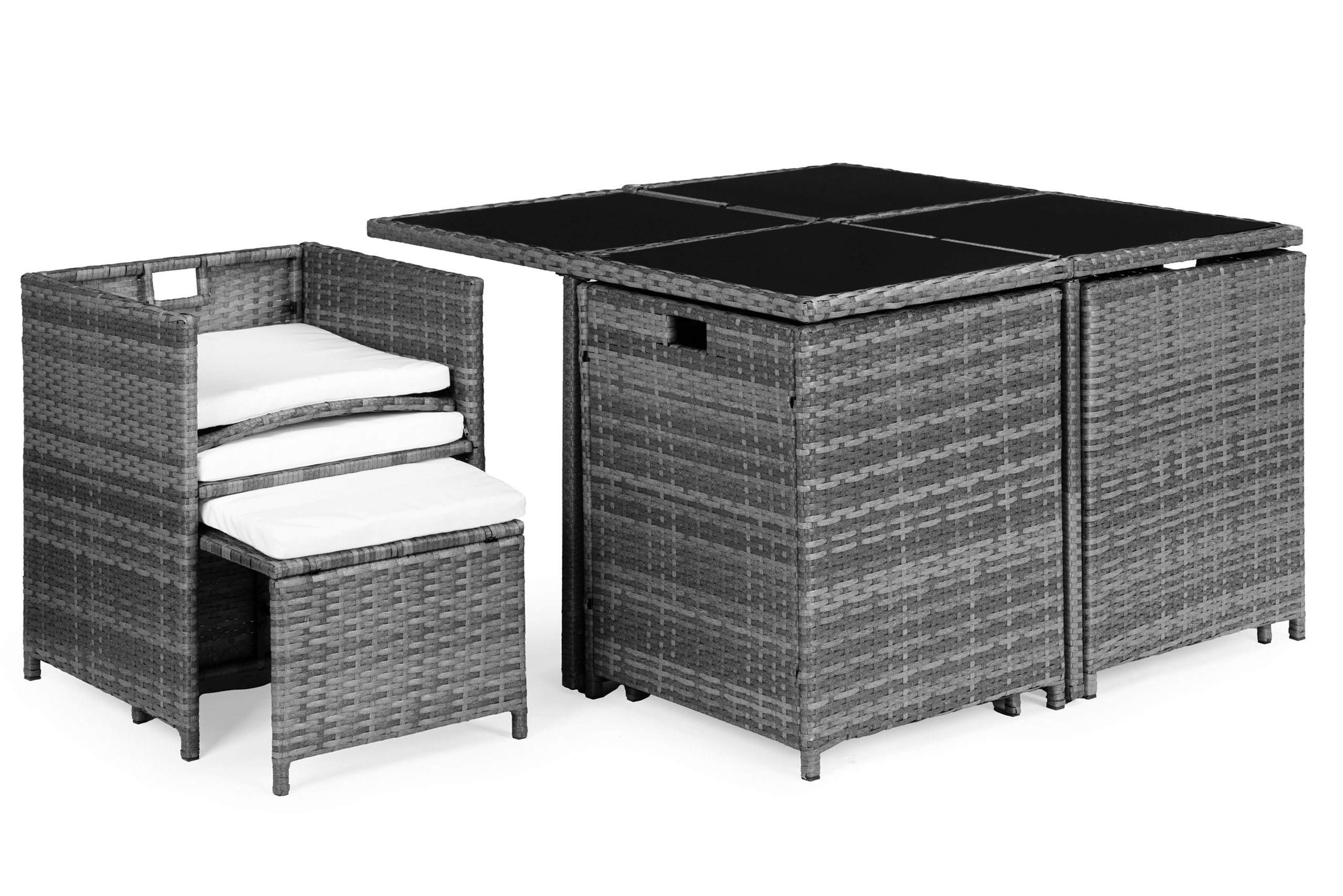 Sodo baldų komplektas iš technorotano, 4 foteliai, 4 pufai, MultiGarden stalas