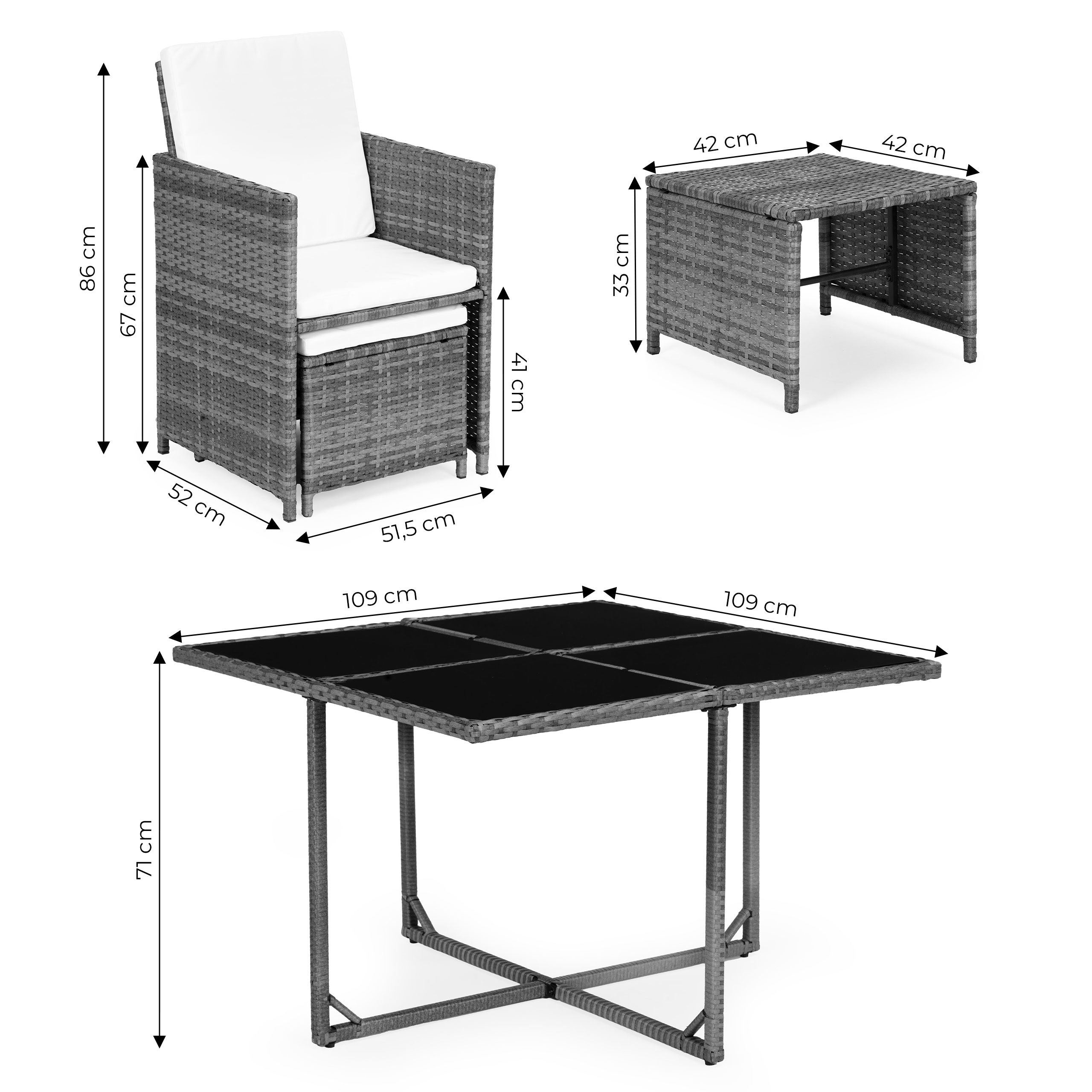 Sodo baldų komplektas iš technorotano, 4 foteliai, 4 pufai, MultiGarden stalas