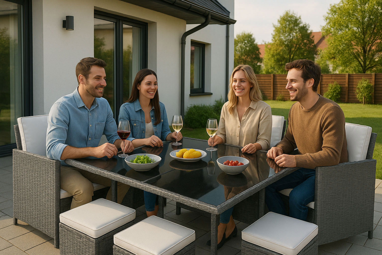 Sodo baldų komplektas iš technorotano, 4 foteliai, 4 pufai, MultiGarden stalas