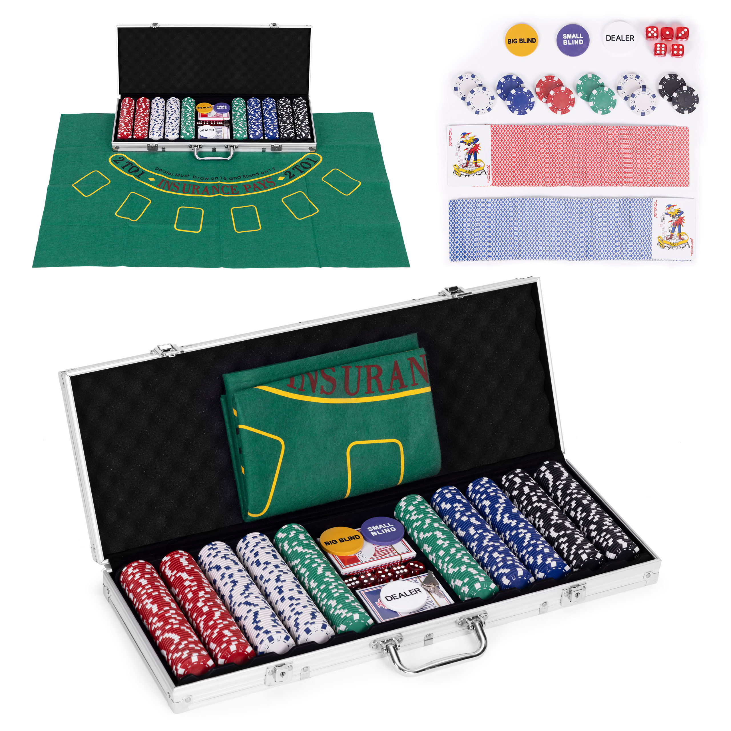 Didelis pokerio ir blackjack žaidimų rinkinys su 90x60 cm kilimėliu
