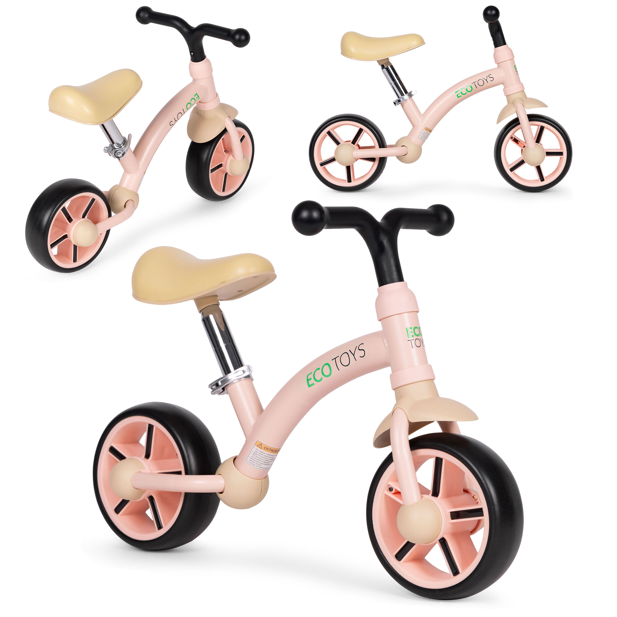 ECOTOYS balansinis dviratukas vaikams su EVA ratukais ir reguliuojama rožinė, pilkas