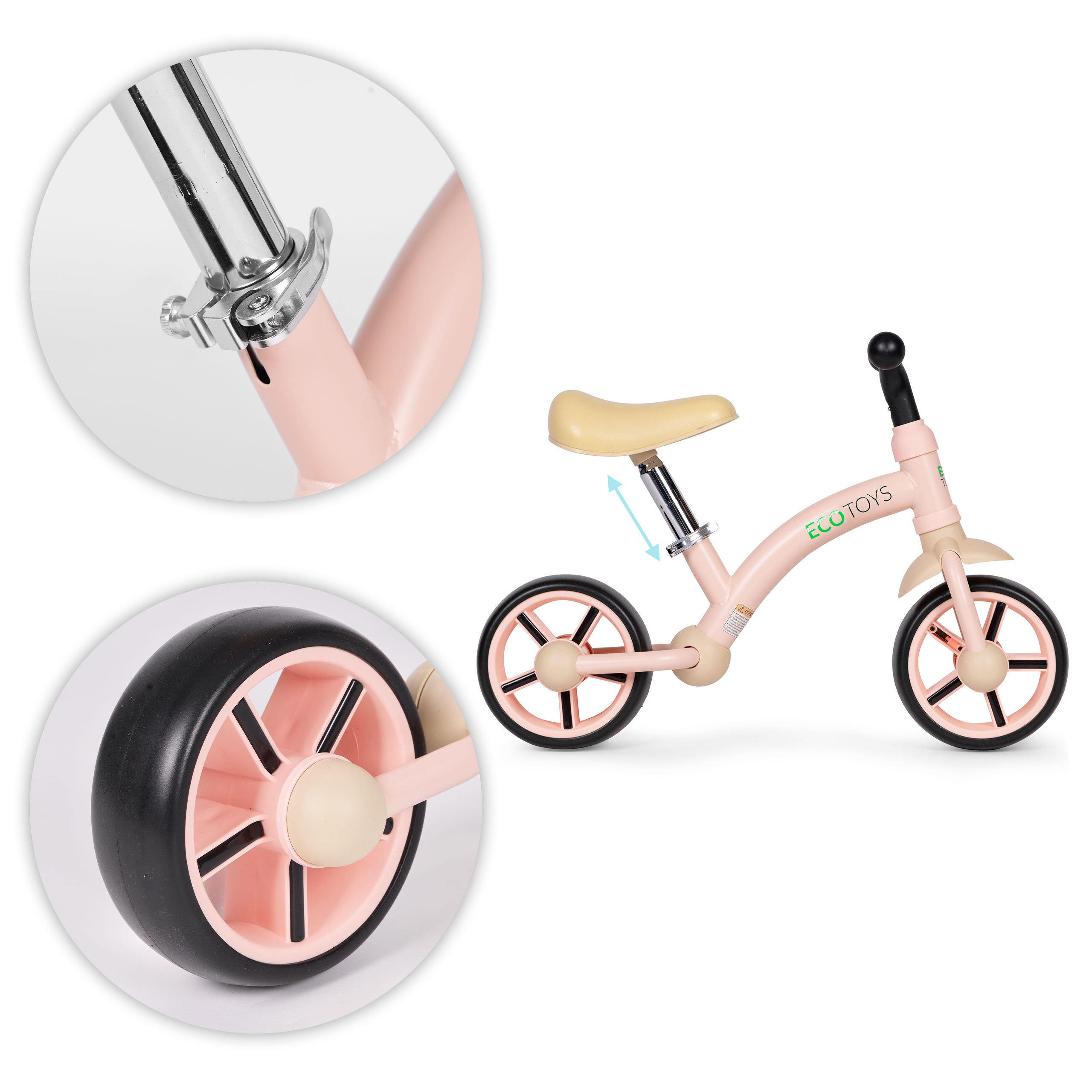ECOTOYS balansinis dviratukas vaikams su EVA ratukais ir reguliuojama rožinė, pilkas