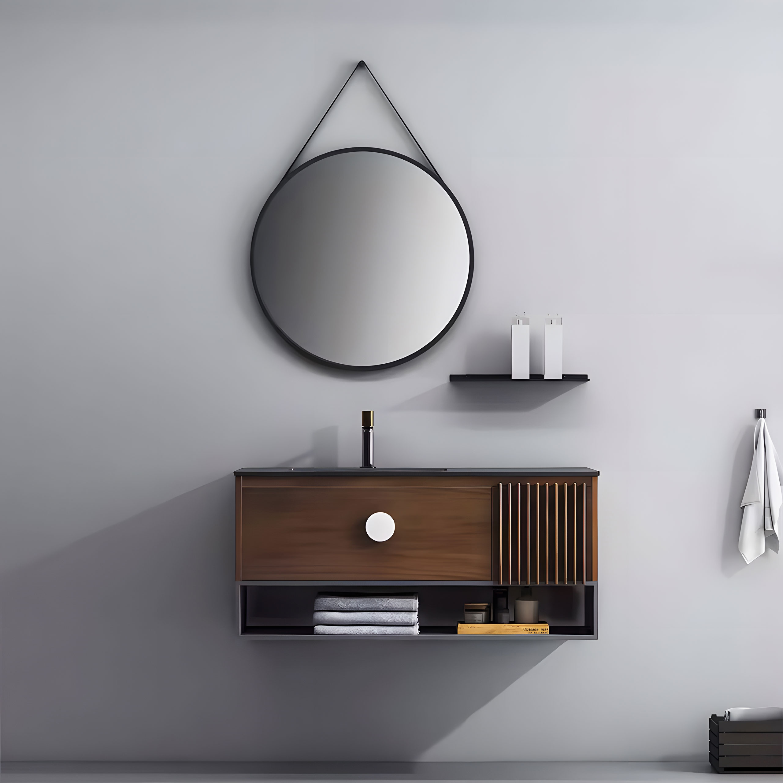 Apvalus sieninis veidrodis su juodu aliuminio rėmu ir diržu, 60 cm skersmens – ModernHome