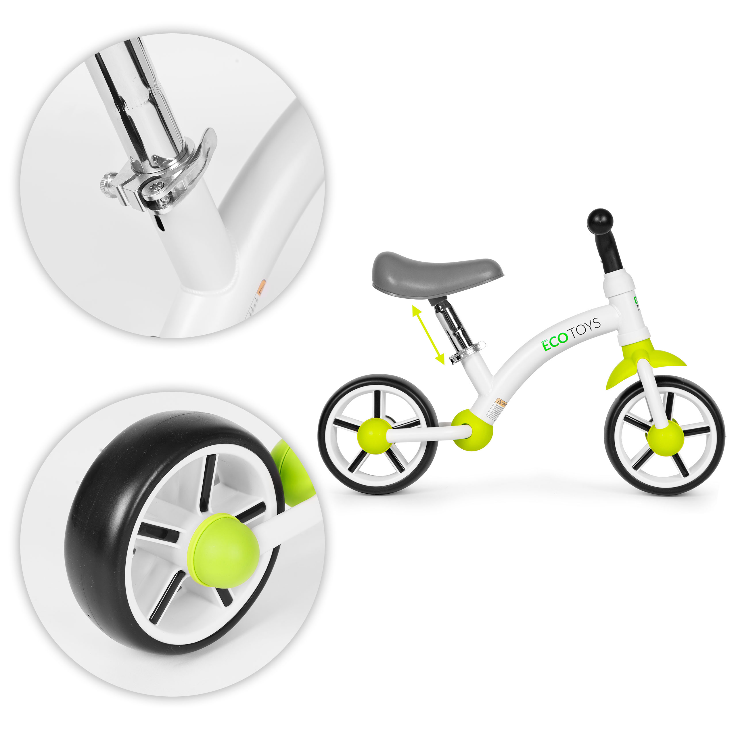 ECOTOYS balansinis dviratukas vaikams su EVA ratukais ir reguliuojama sėdyne, žalias