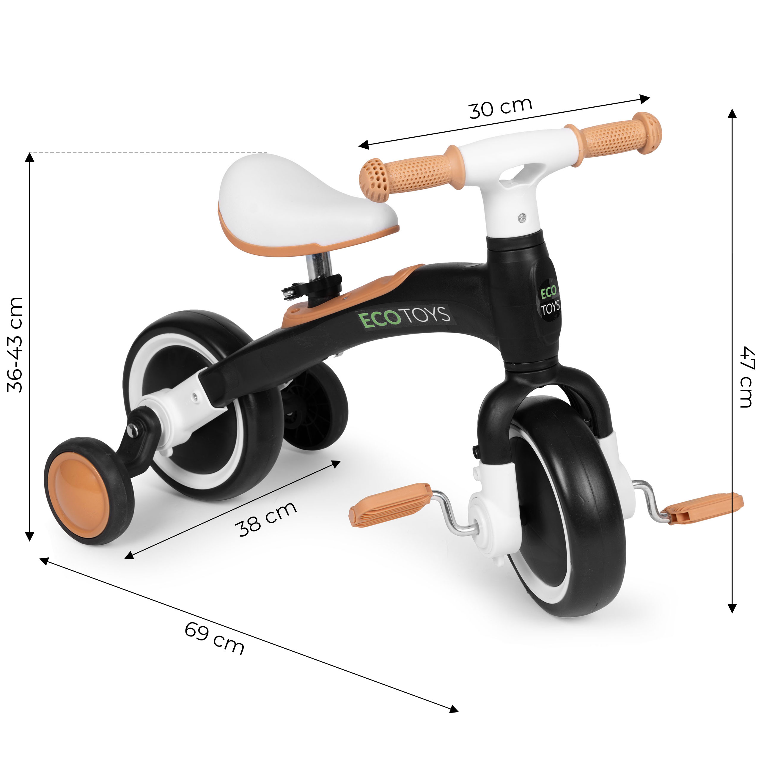 Dviratis su pedalais - mokomieji šoniniai ratai 3in1 juodos spalvos ECOTOYS