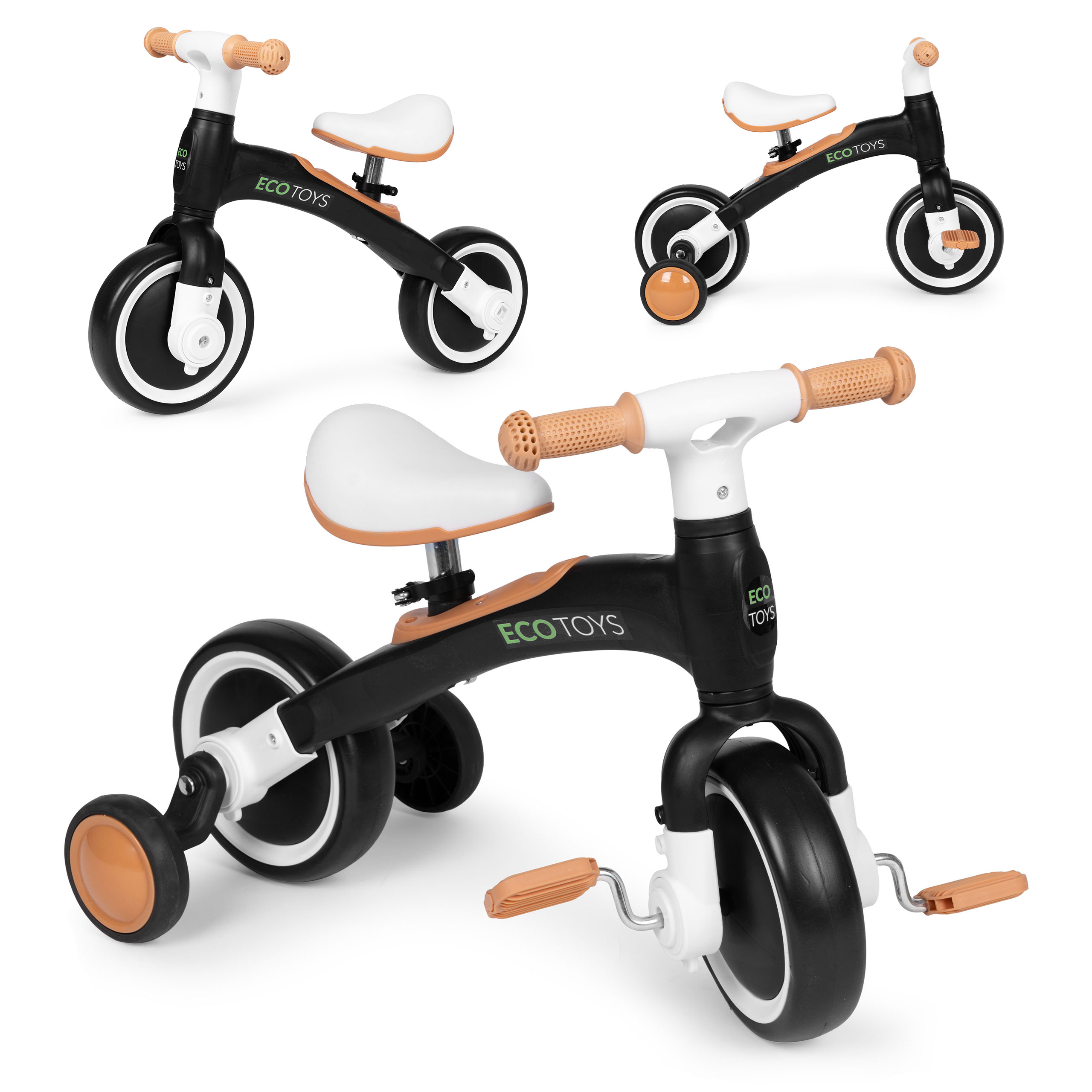 Dviratis su pedalais - mokomieji šoniniai ratai 3in1 juodos spalvos ECOTOYS