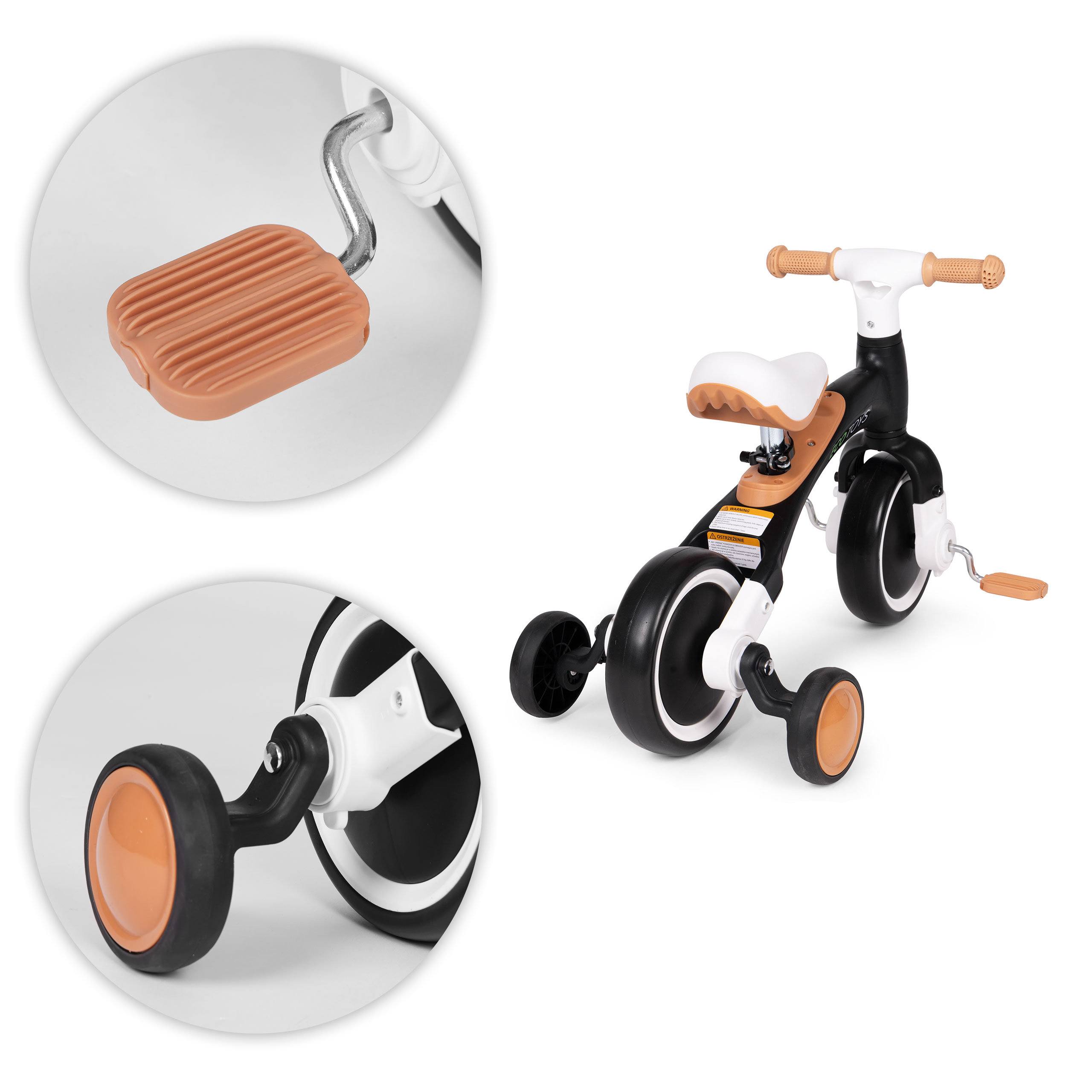 Dviratis su pedalais - mokomieji šoniniai ratai 3in1 juodos spalvos ECOTOYS