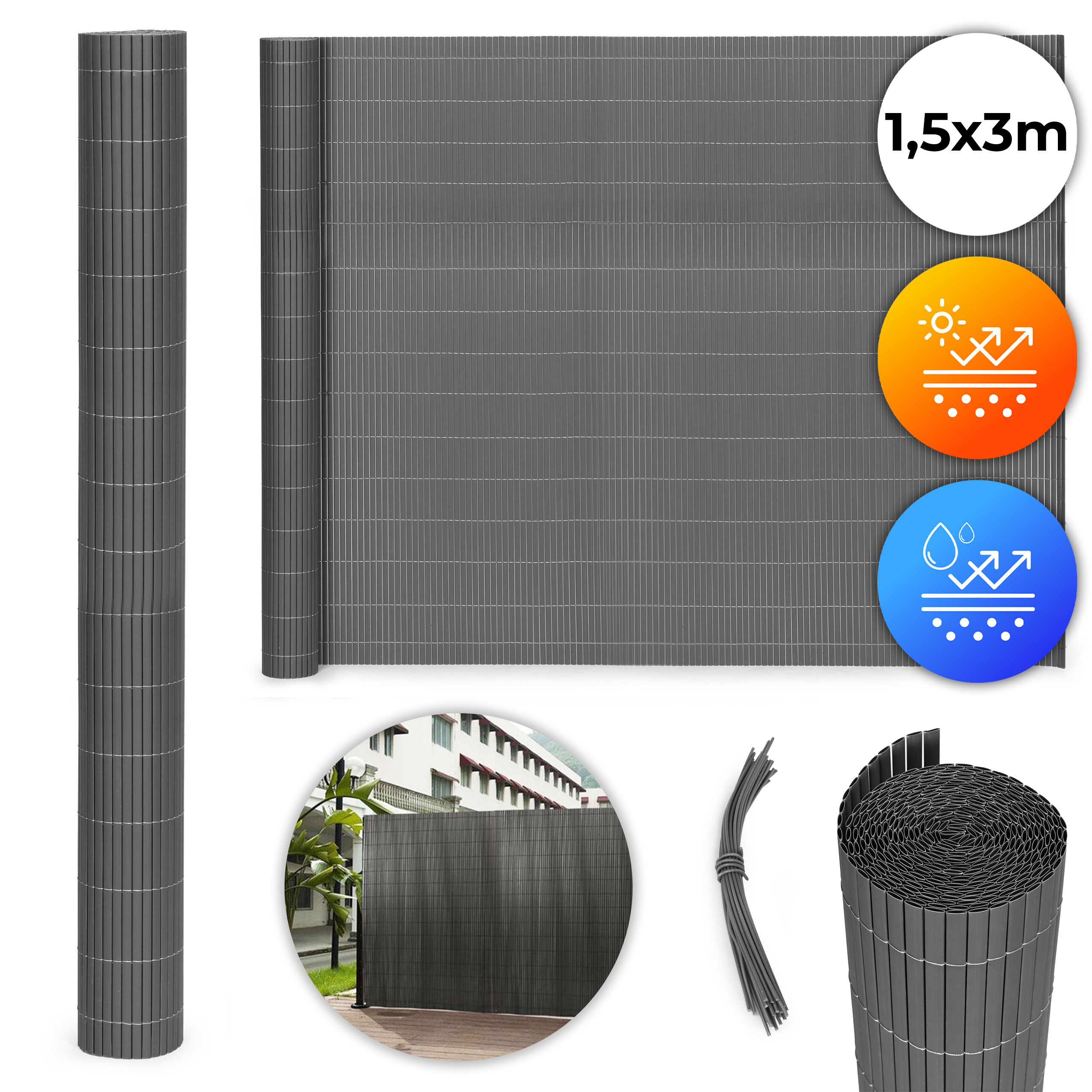 Dvipusė bambukinė antracito spalvos 150x300 cm danga balkonui ir terasai
