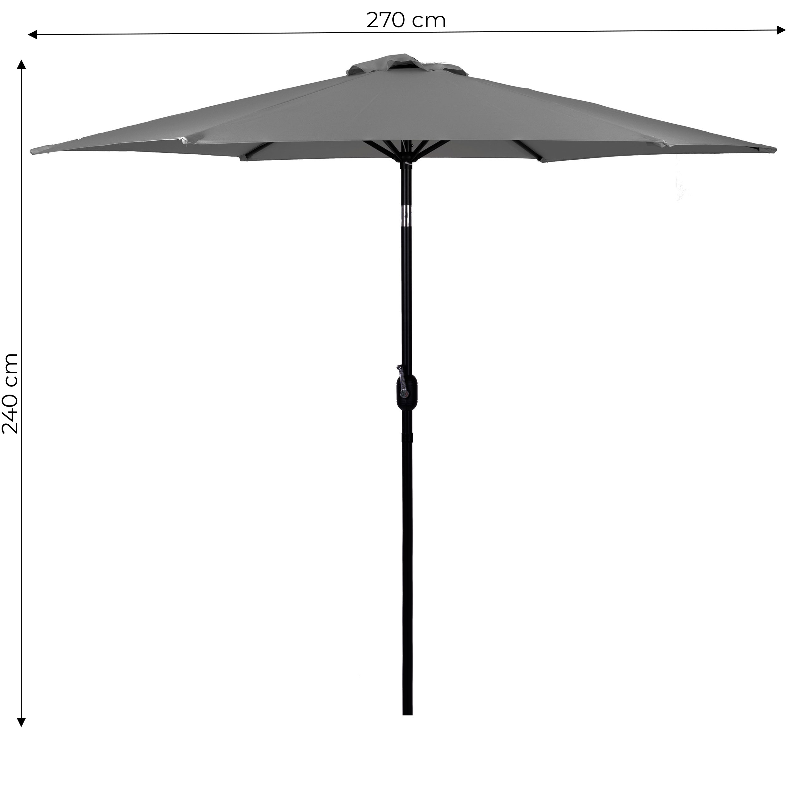 Didelis įstrižas sulaužytas sodo skėtis su rankena, 6 briaunos, pilkos spalvos, 270 cm