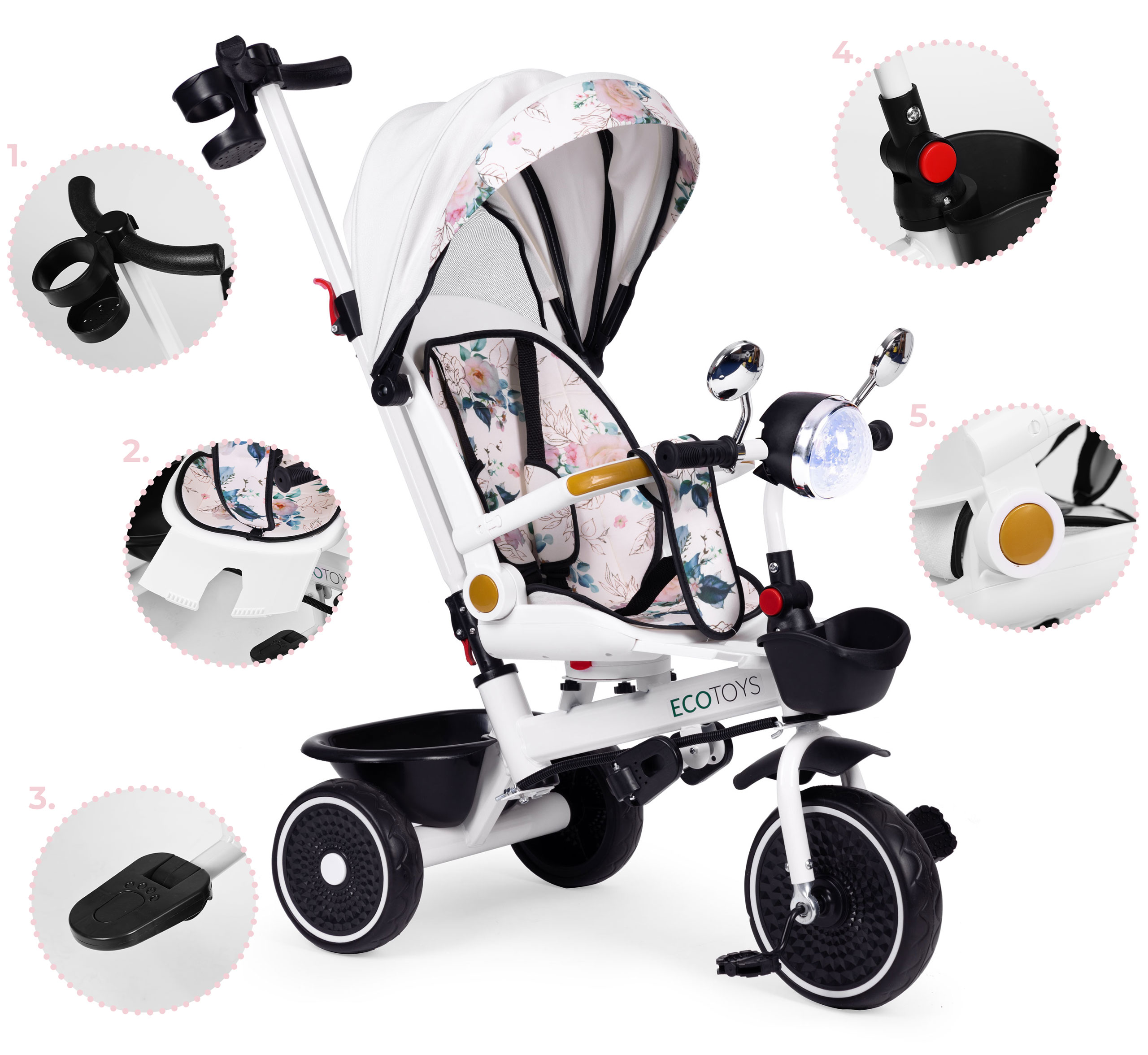 Vaikiškas triratukas su pasukama sėdyne ir stogeliu ecotoys
