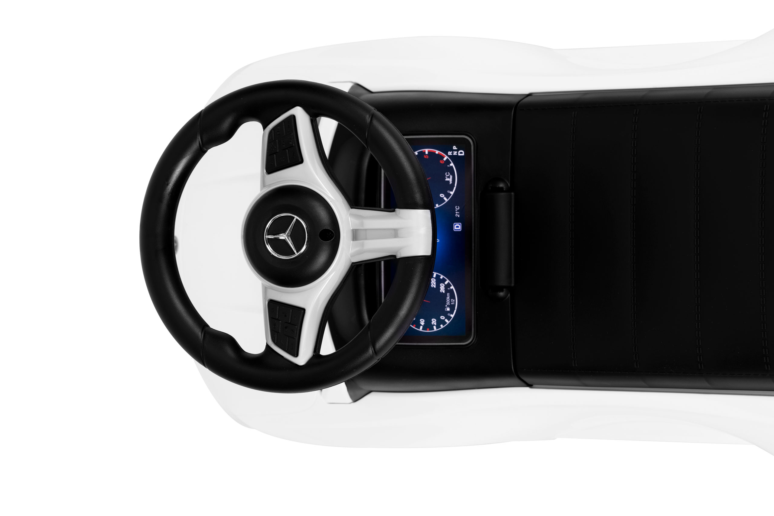 Vaikiška stumdomoji mašinėlė mercedes c klasė su interaktyviu vairu ir garsais, balta