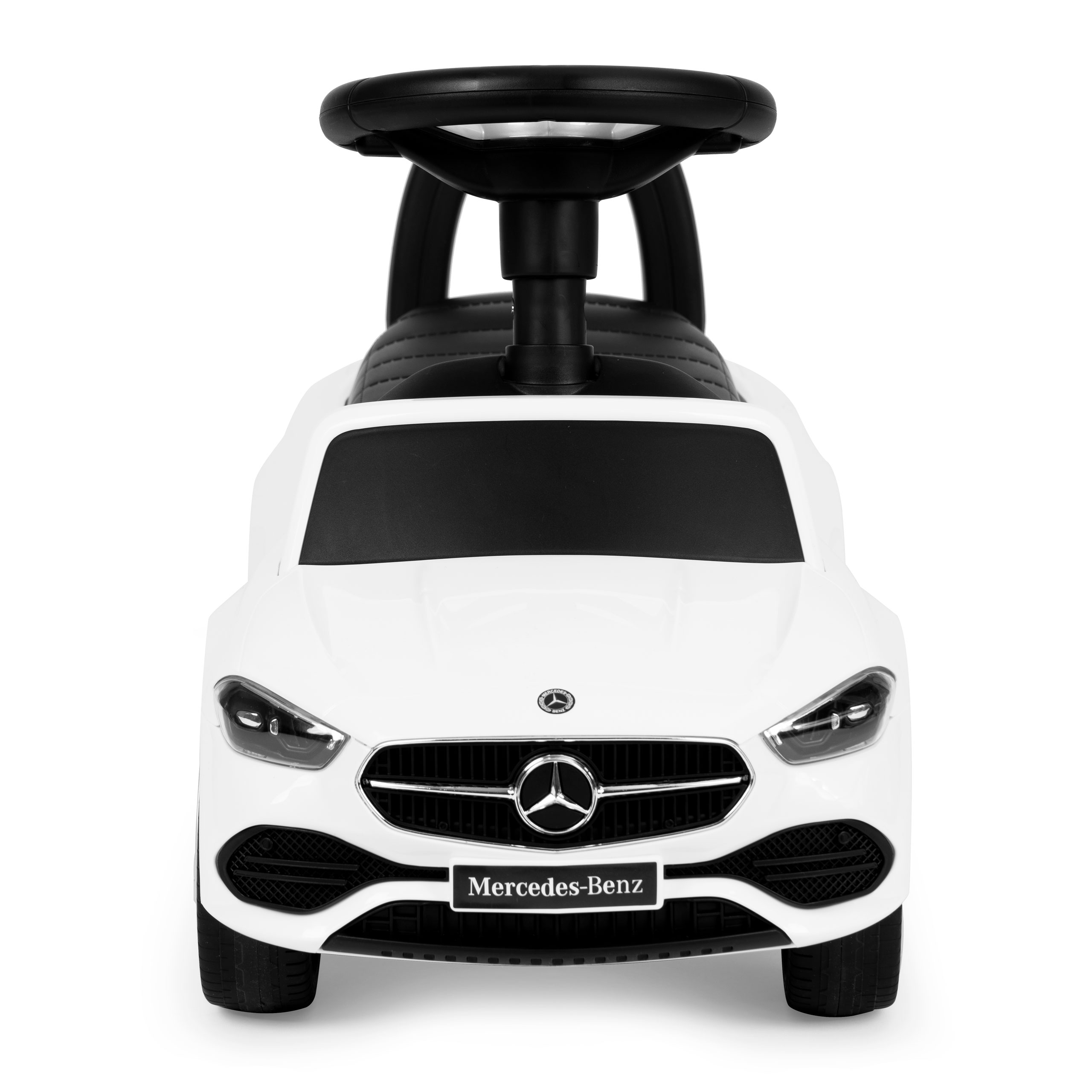 Vaikiška stumdomoji mašinėlė mercedes c klasė su interaktyviu vairu ir garsais, balta