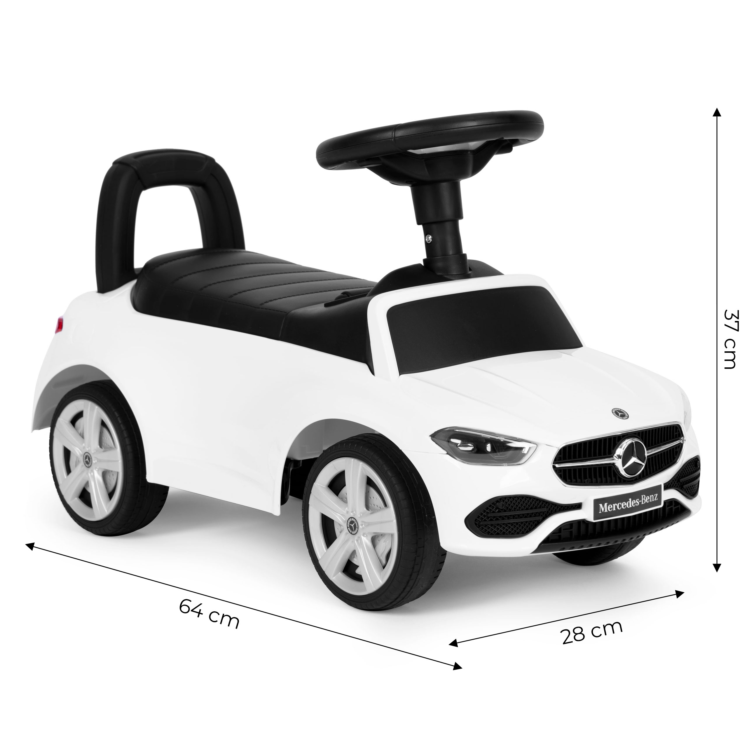 Vaikiška stumdomoji mašinėlė mercedes c klasė su interaktyviu vairu ir garsais, balta