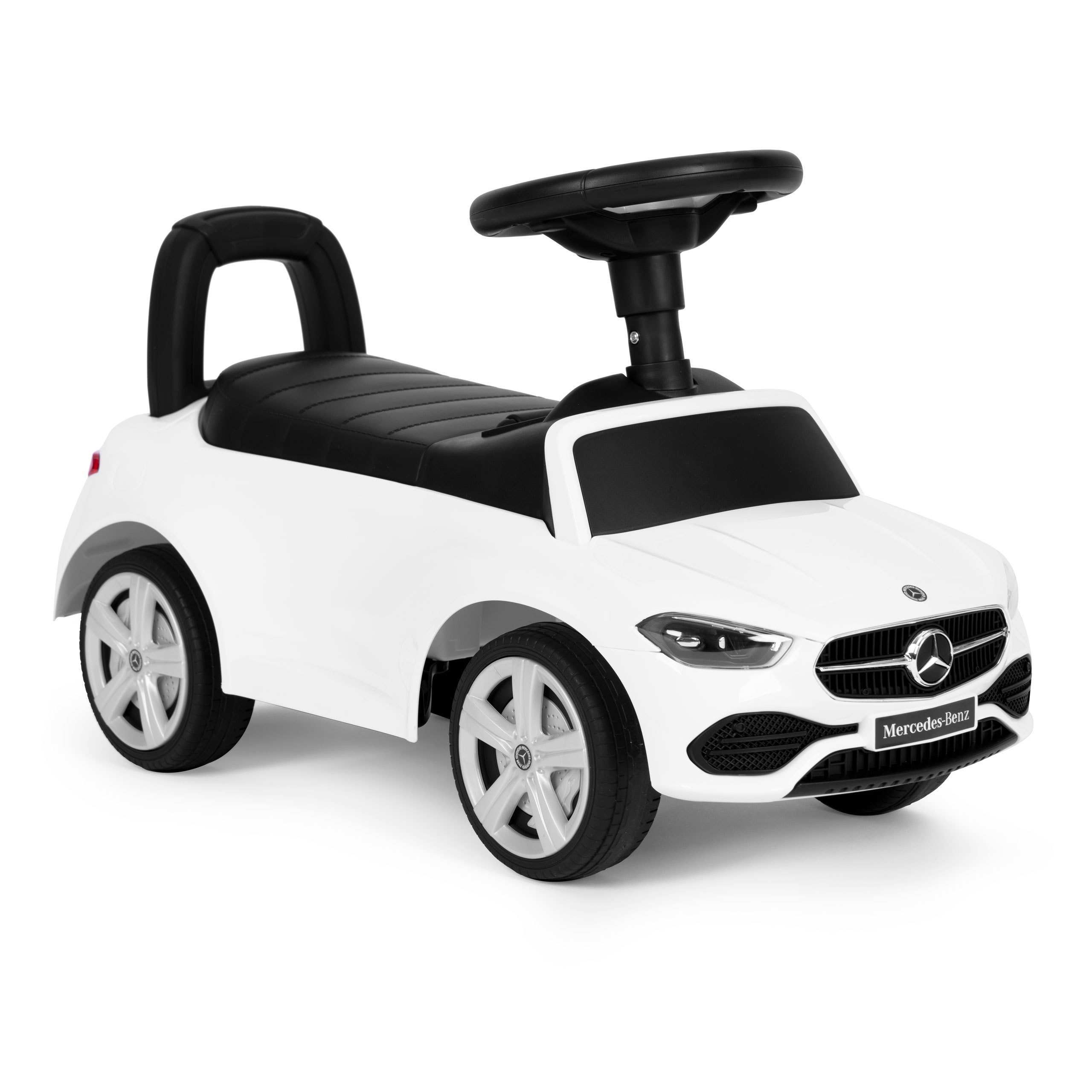 Vaikiška stumdomoji mašinėlė mercedes c klasė su interaktyviu vairu ir garsais, balta