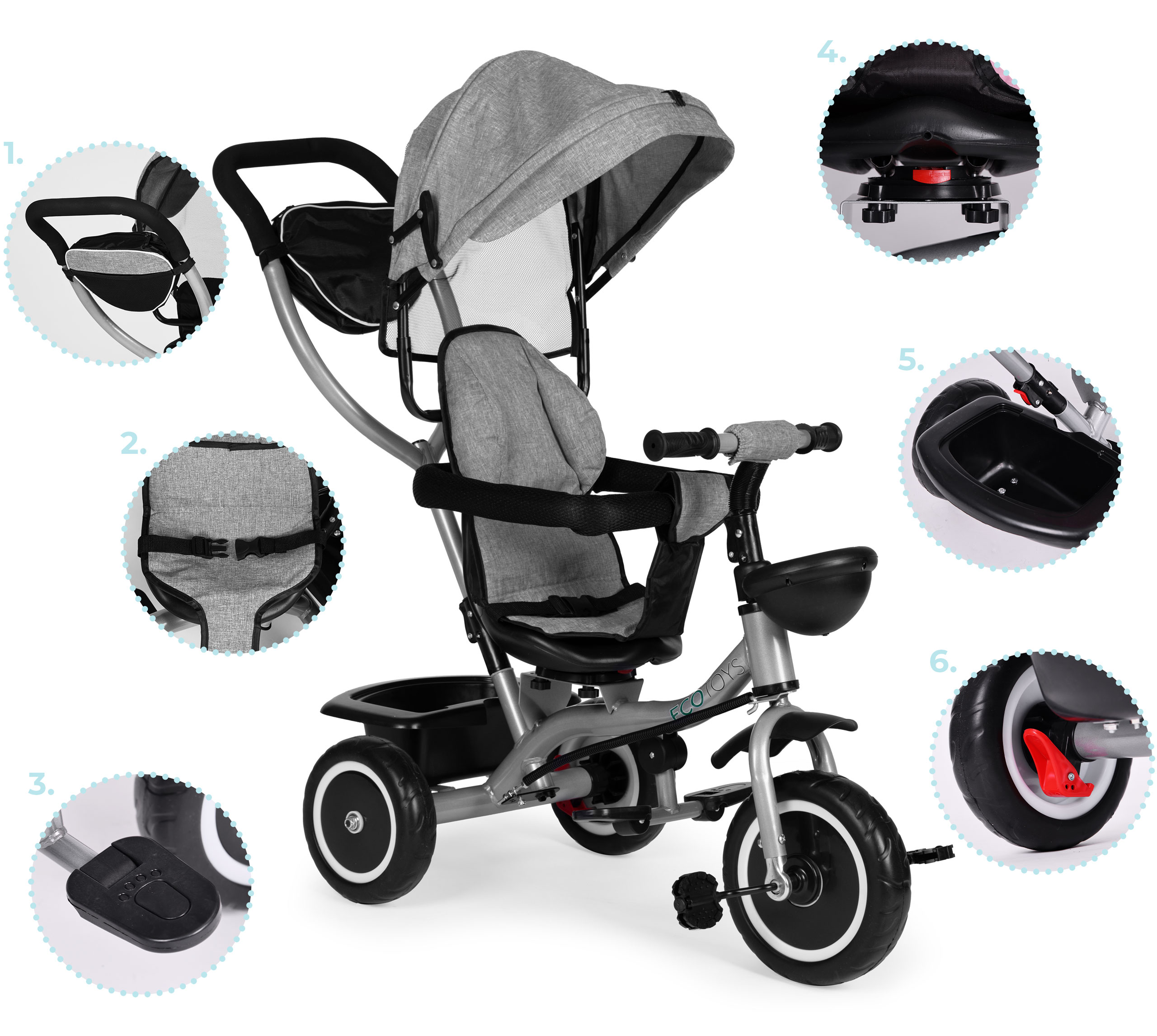 2-in-1 triratukas, pilkas, ecotoys