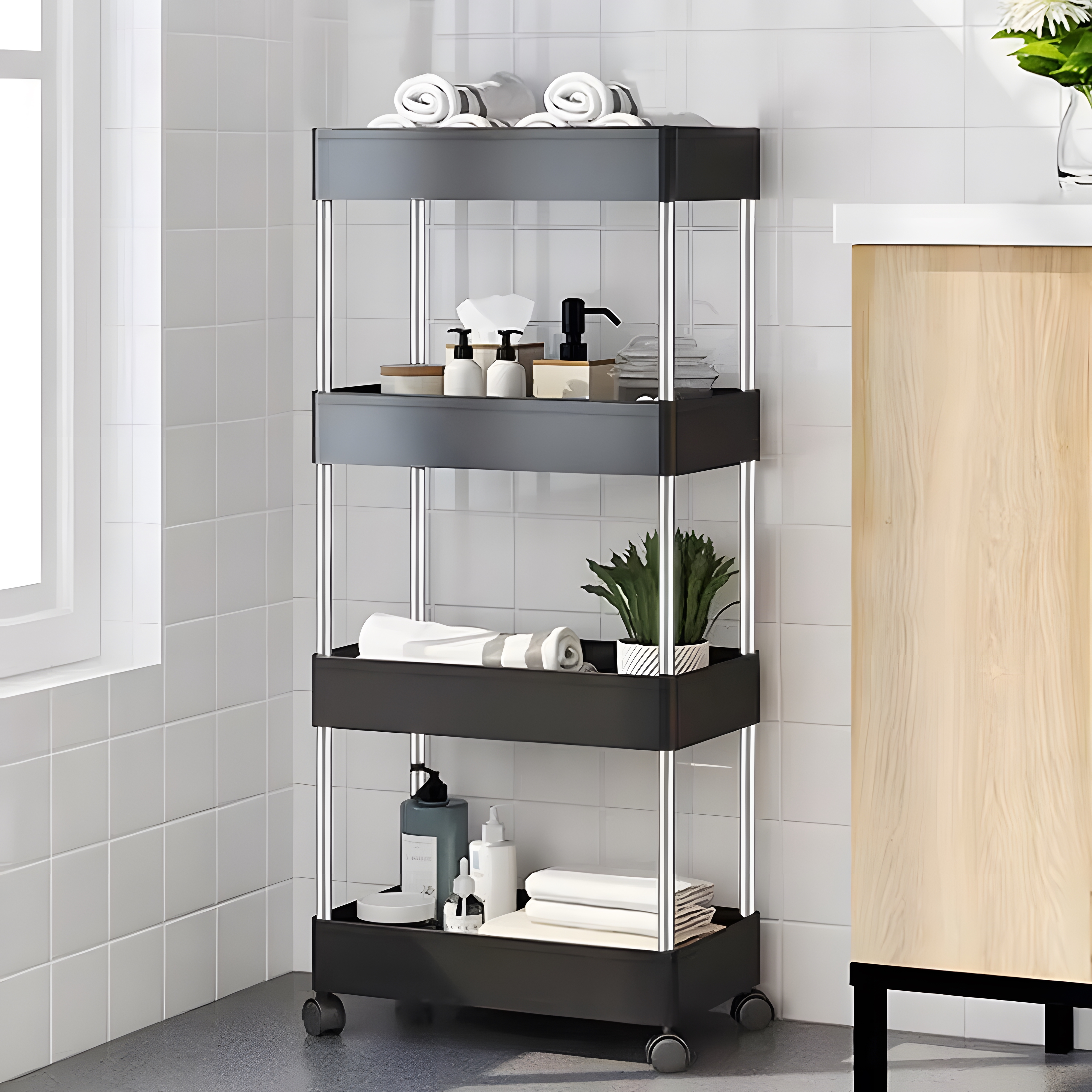 Modernhome plastikinė lentyna su ratukais, 4 aukštų, juodos spalvos ￼