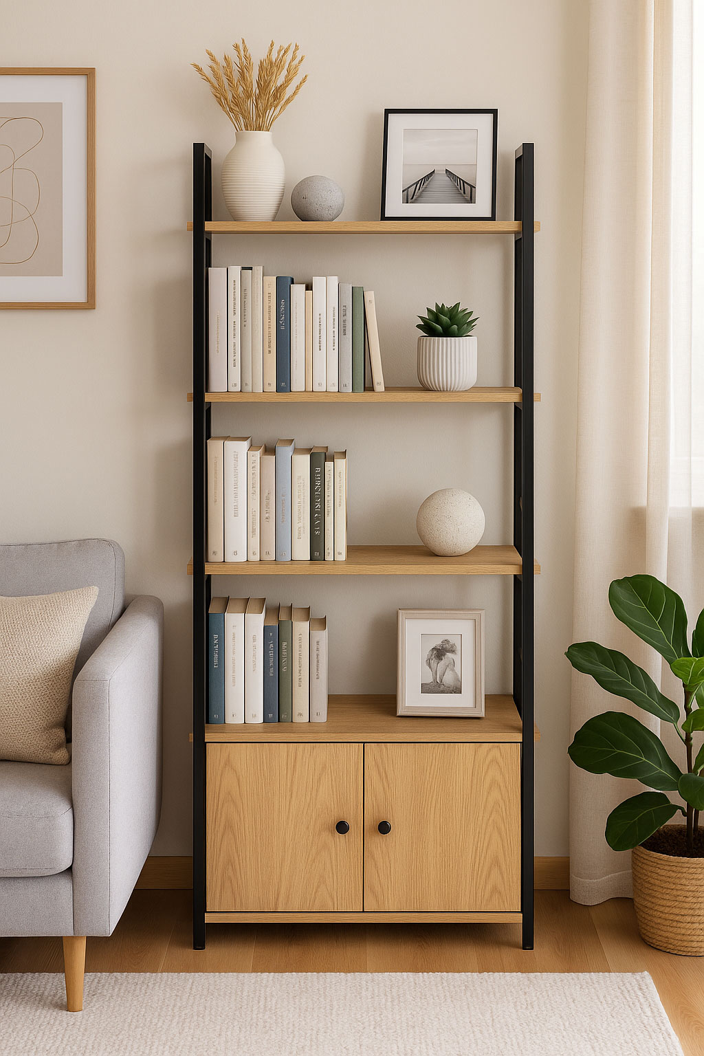 Pramoninė lofto stiliaus lentyna su uždara spintele ir 4 lentynomis modernhome
