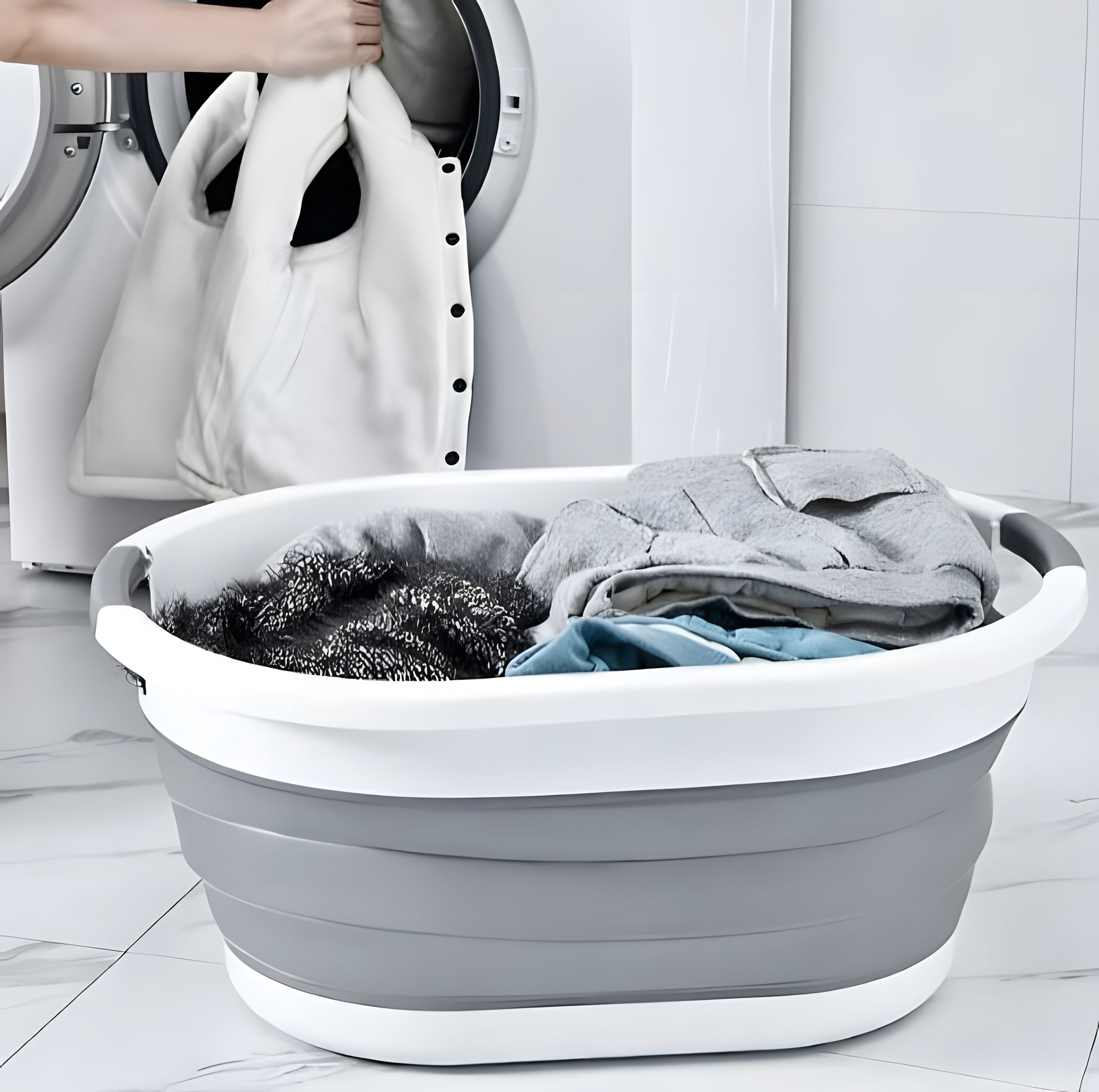 ModernHome sulankstomas silikoninis skalbinių krepšys, 20 L, baltos ir pilkos spalvos