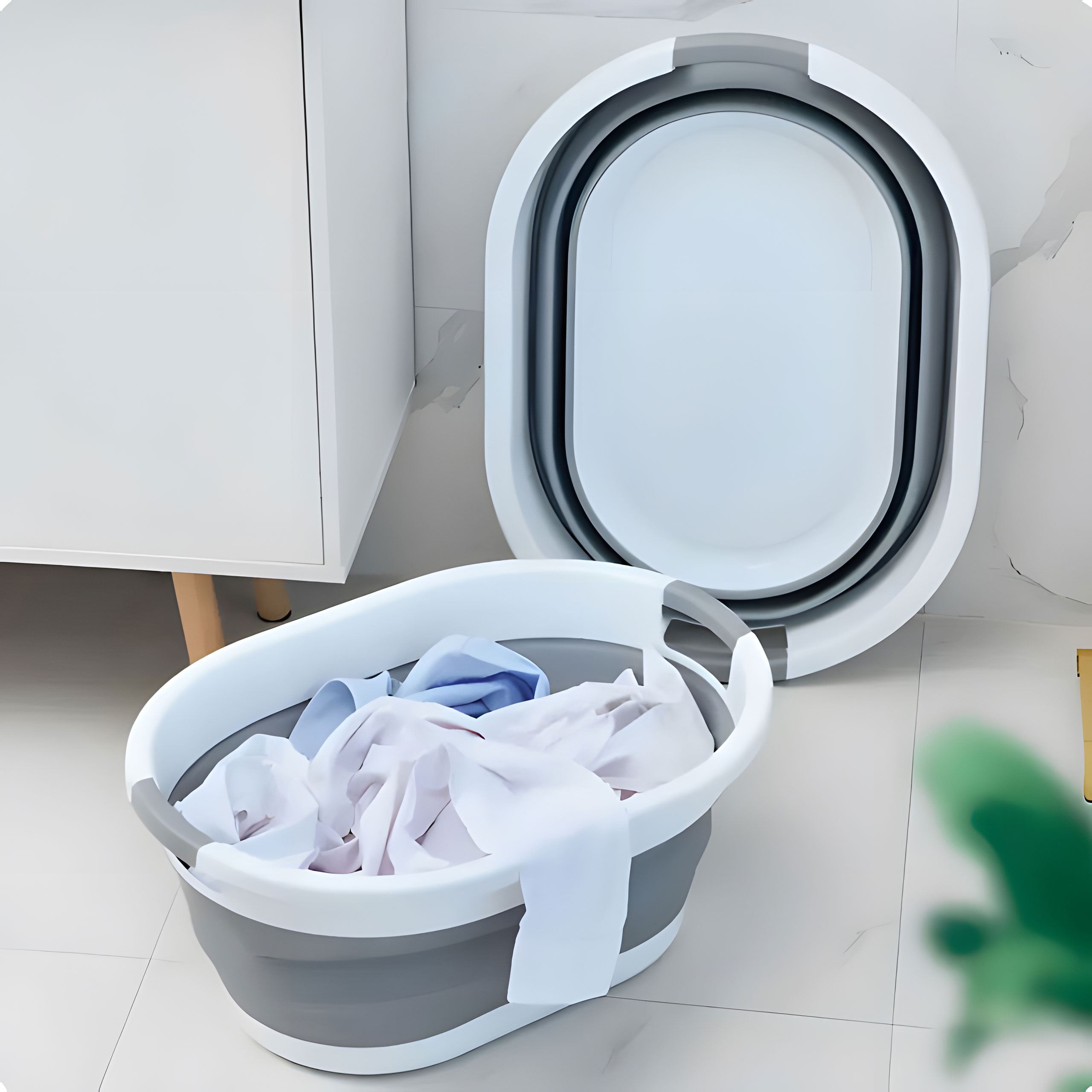 ModernHome sulankstomas silikoninis skalbinių krepšys, 20 L, baltos ir pilkos spalvos