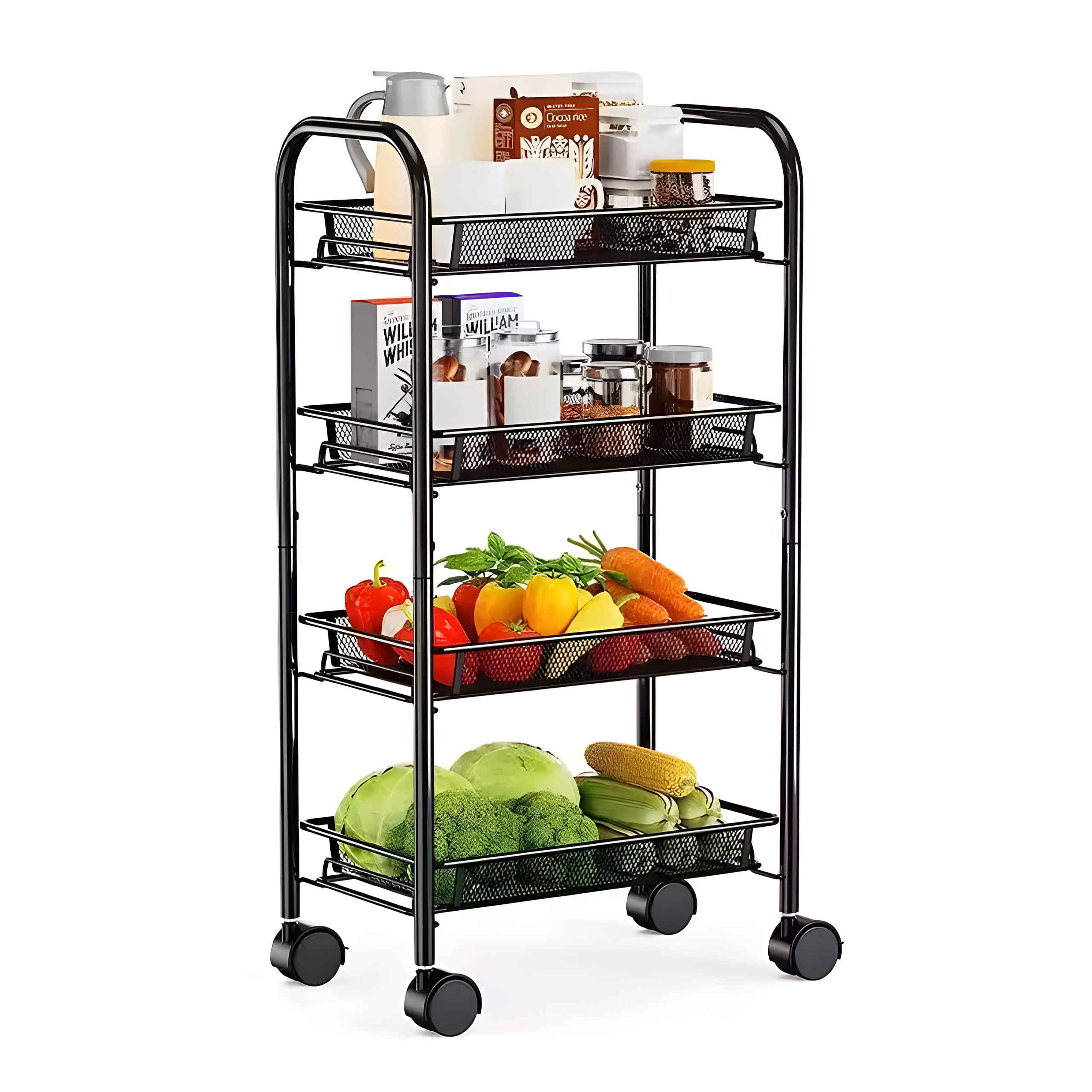 Modernhome metalinė mobilioji lentyna su 4 lygiais ir ratukais – juoda