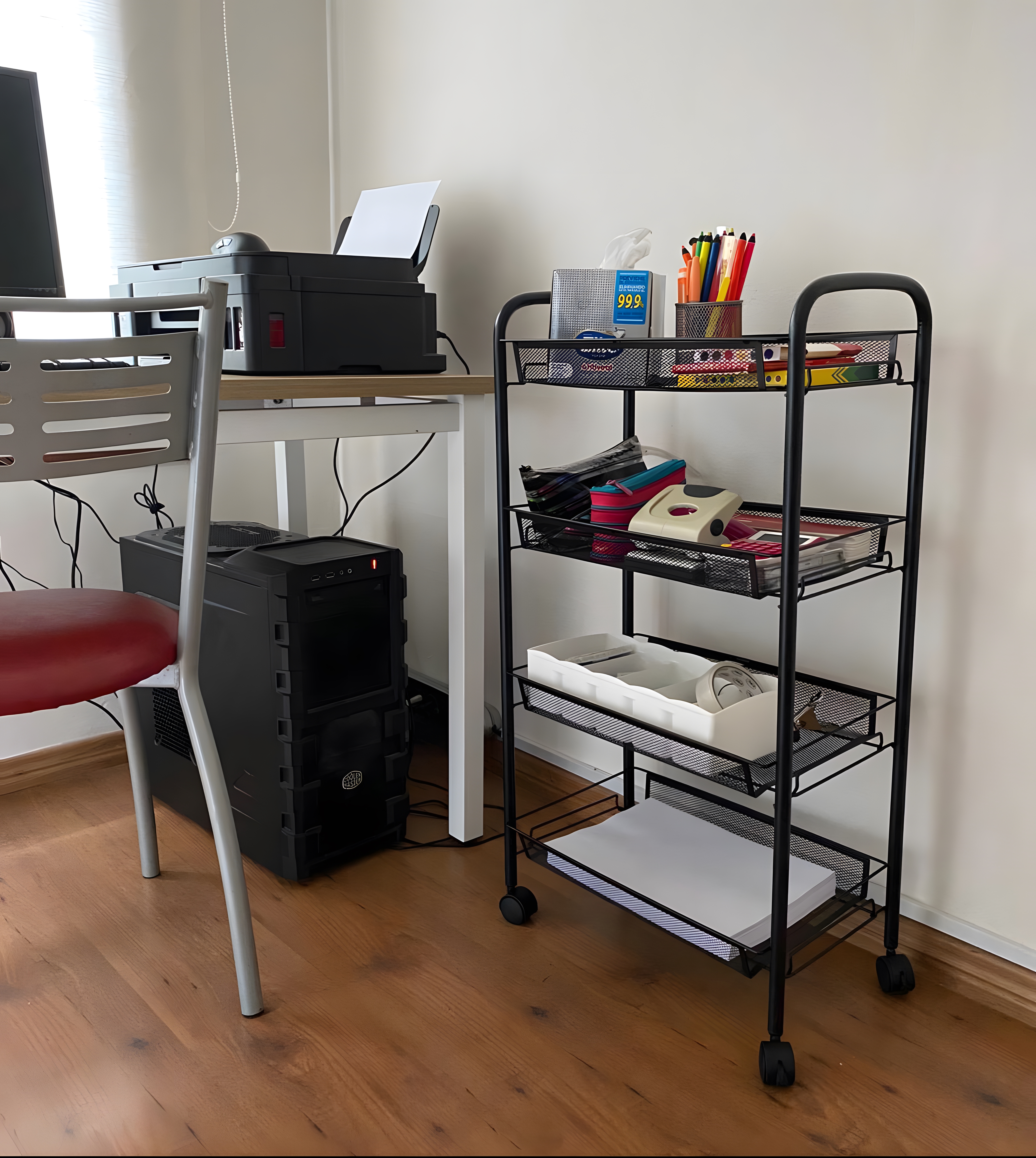 Modernhome metalinė mobilioji lentyna su 4 lygiais ir ratukais – juoda