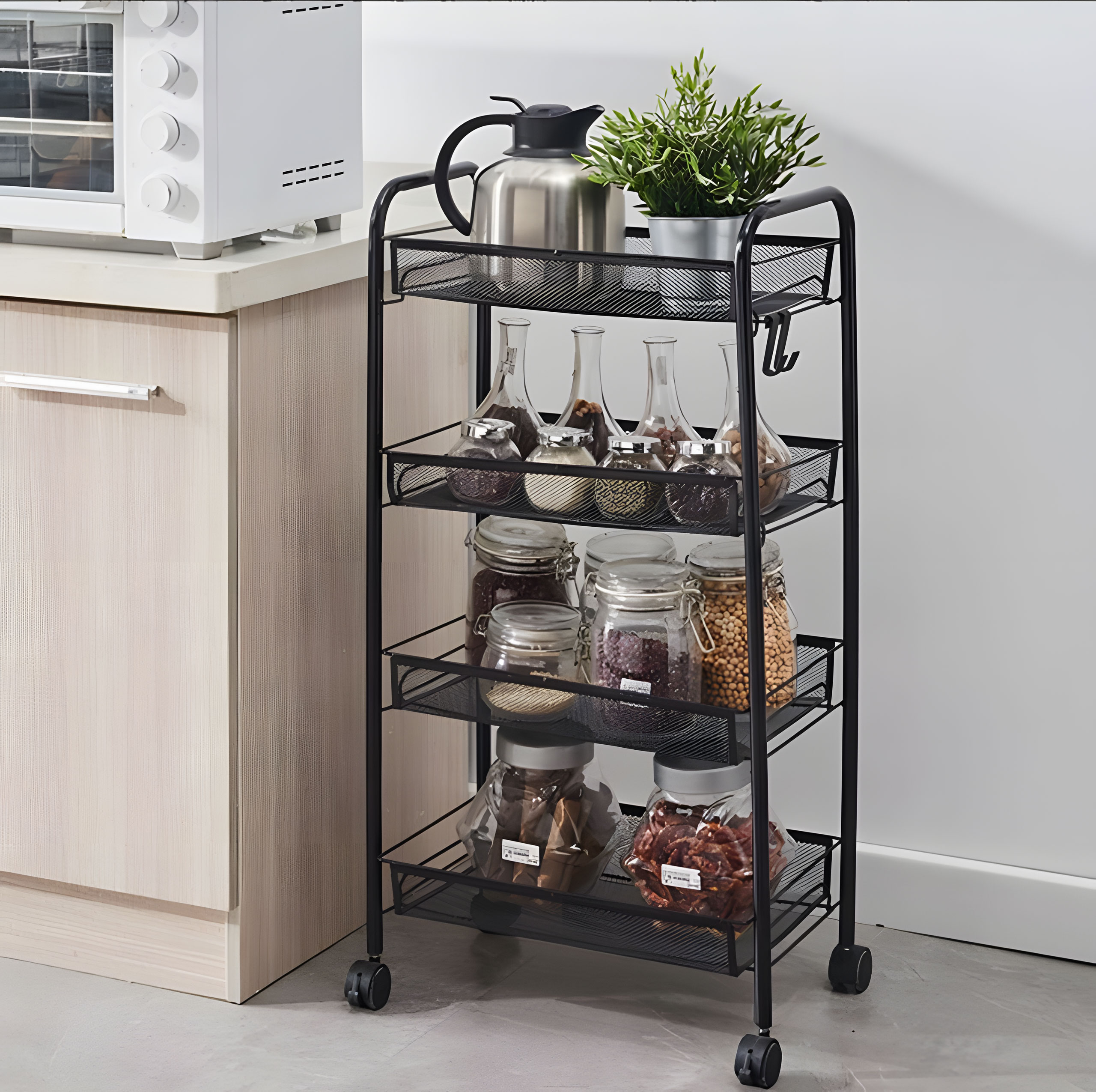Modernhome metalinė mobilioji lentyna su 4 lygiais ir ratukais – juoda