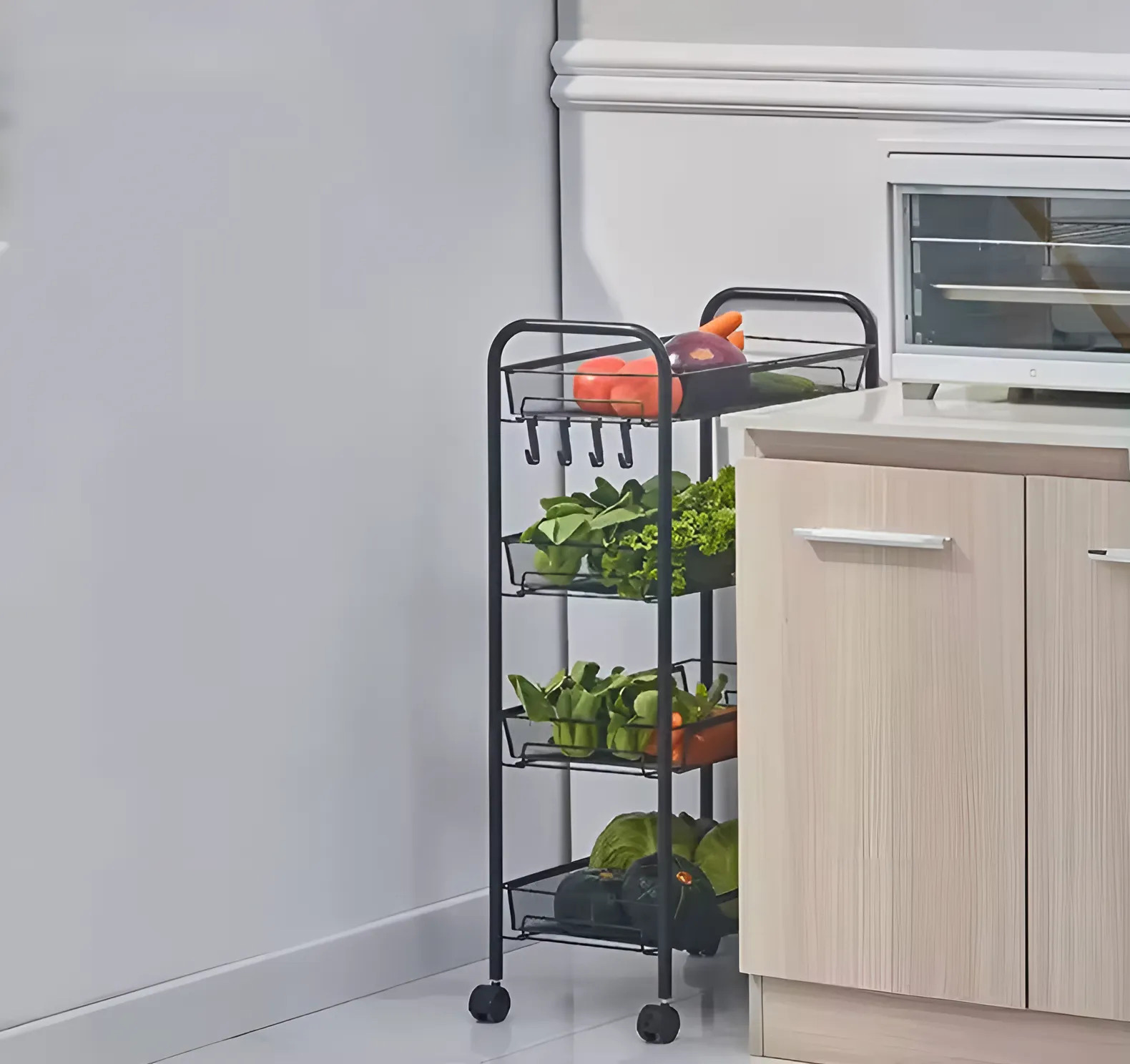 Modernhome metalinė mobilioji lentyna su 4 lygiais ir ratukais – juoda