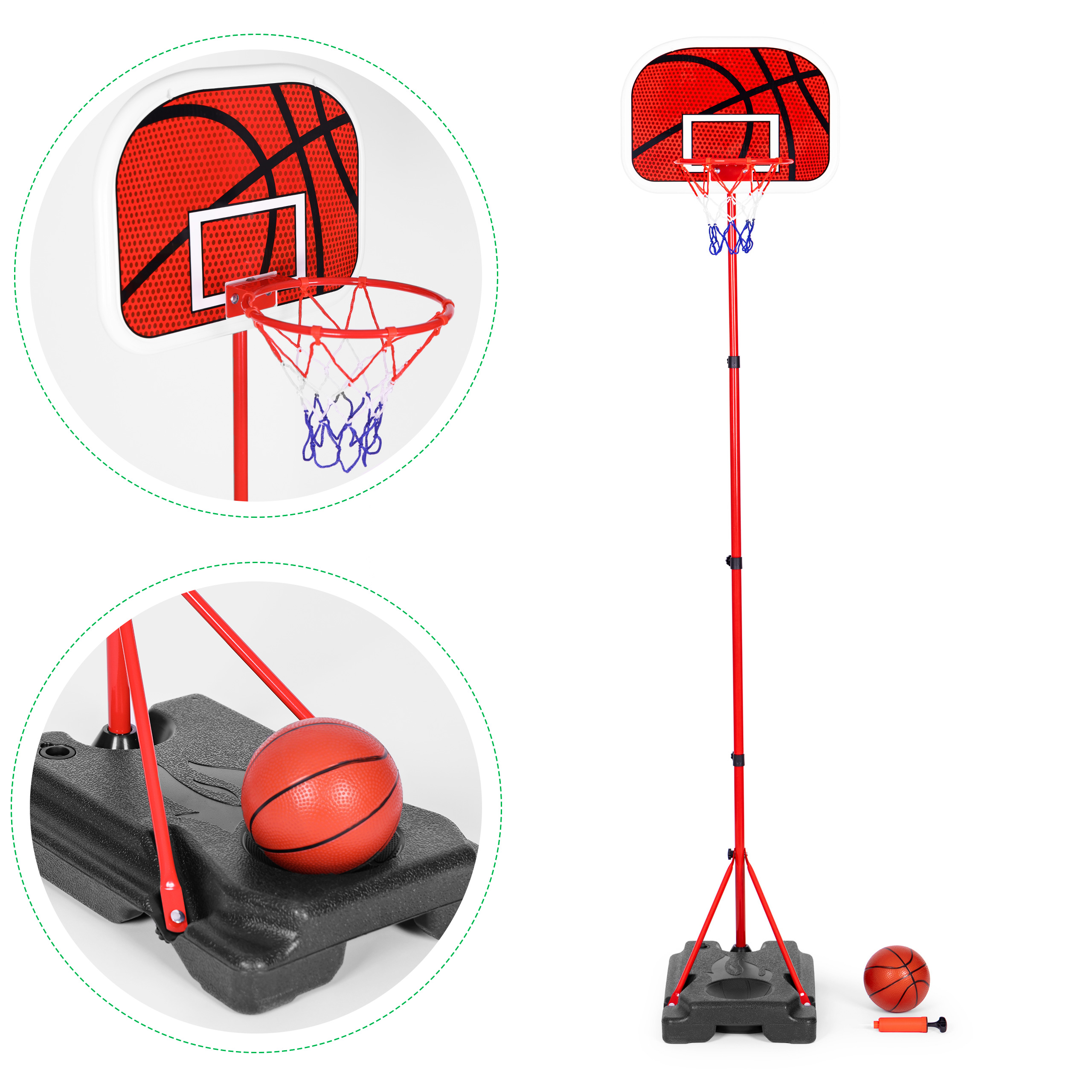 Children's basketball hoop, adjustable height, ball pump