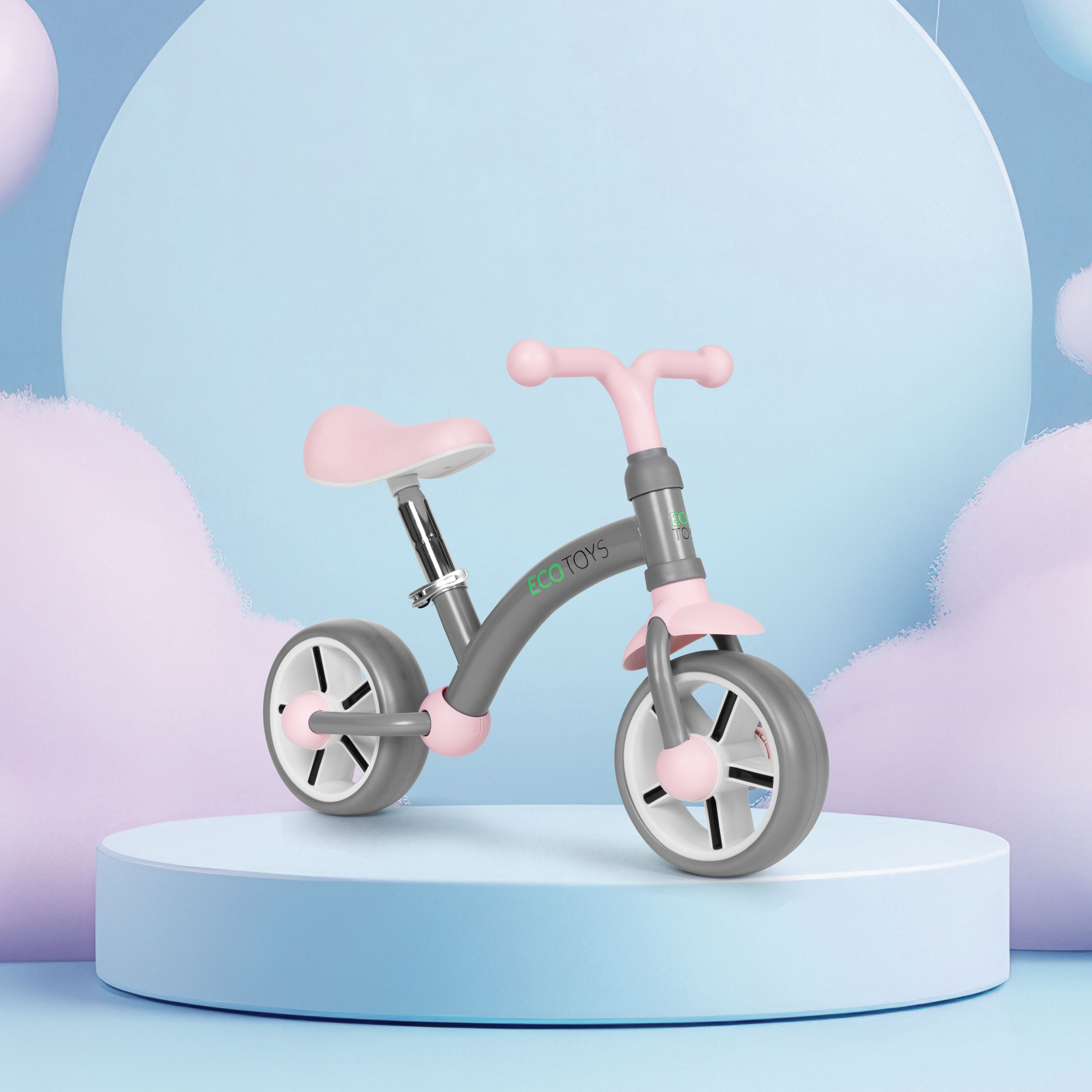 ECOTOYS balansinis dviratukas vaikams su EVA ratukais ir reguliuojama sėdyne, pilkas