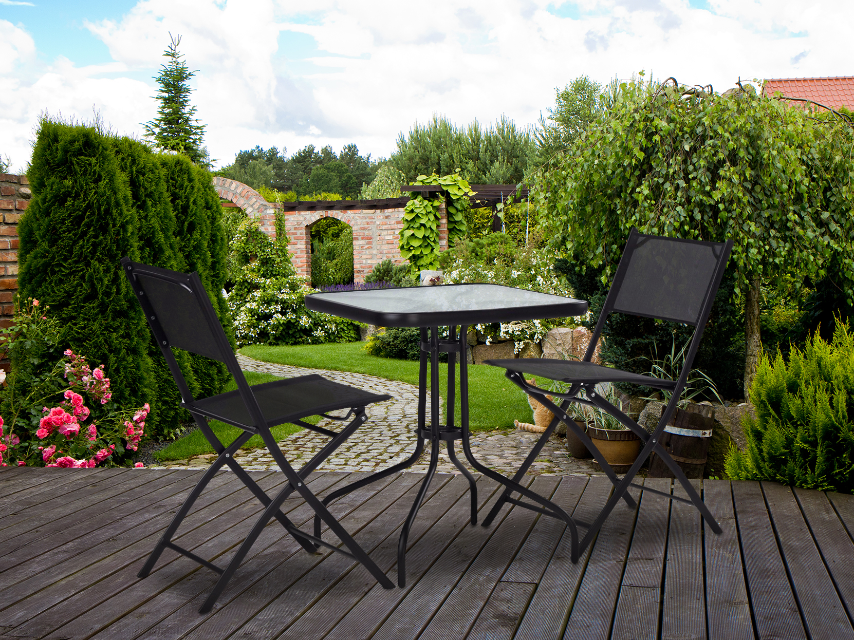 Stiklinis lauko stalas 80x80 cm, su skyle skėčiui, multigarden