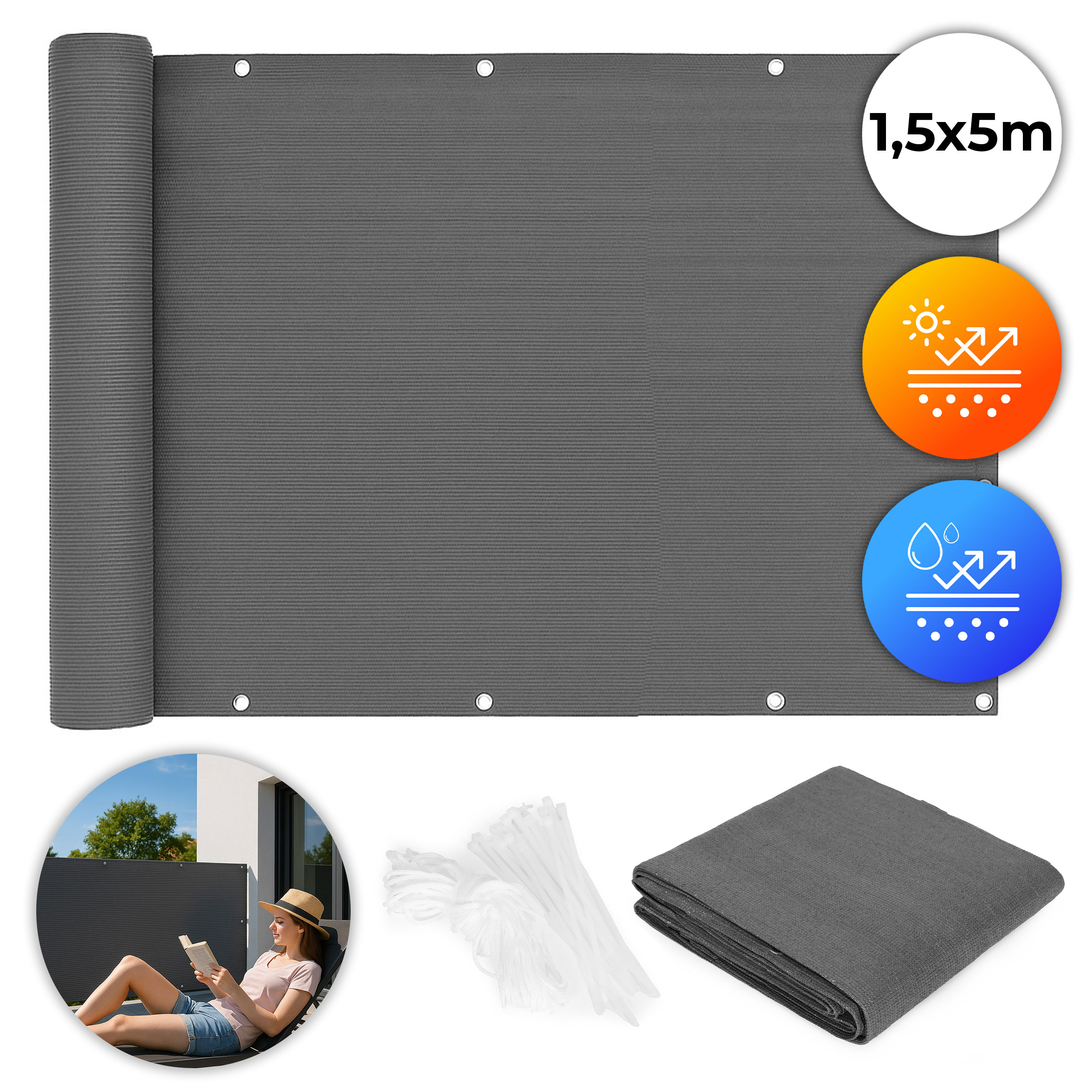 Balkono uždanga su tvirtinimais 150x500 cm tamsiai pilka multigarden