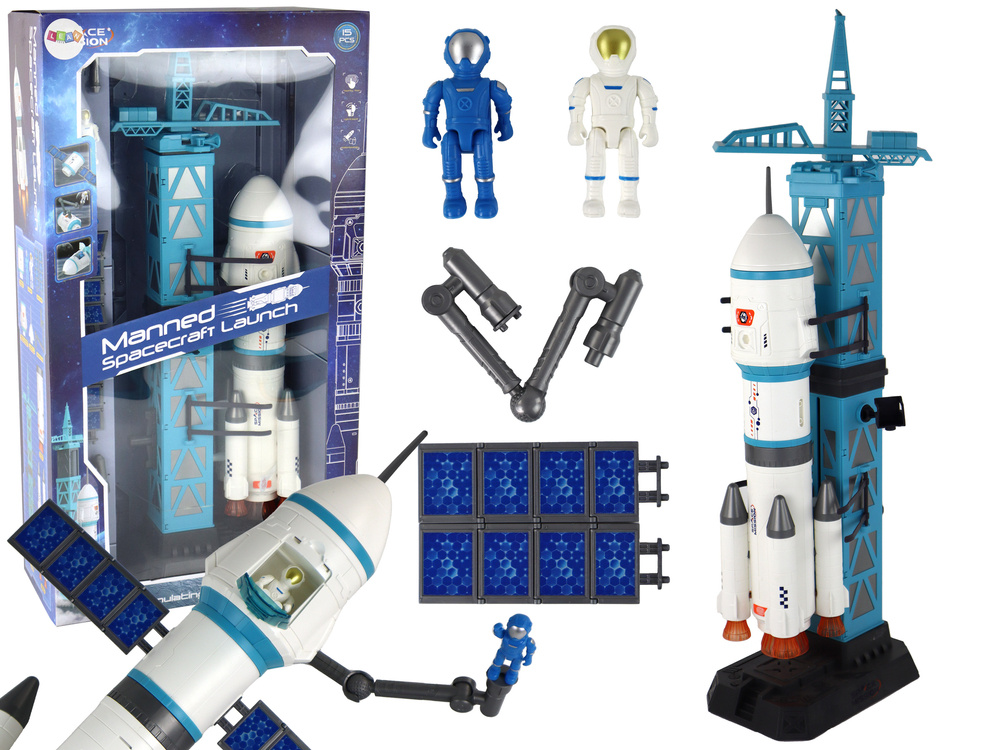 Žaislinė kosmoso raketa su paleidimo bokštu ir astronautais, 15 dalių