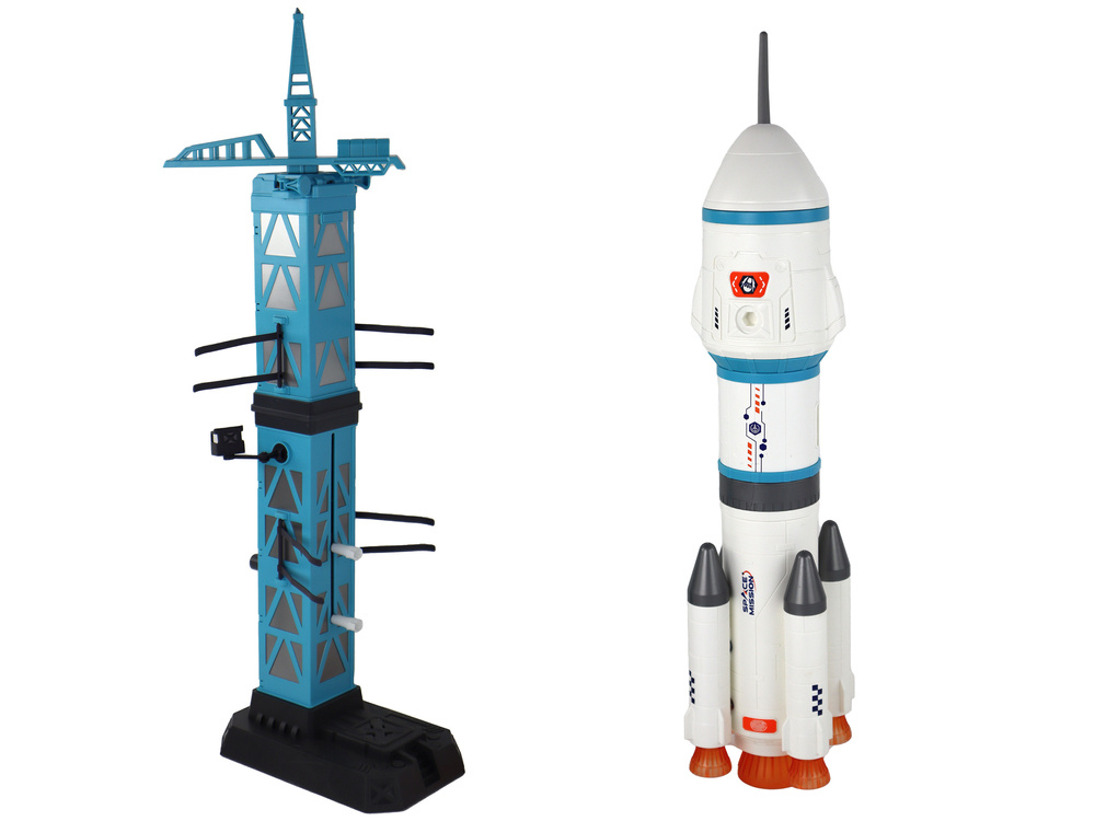 Žaislinė kosmoso raketa su paleidimo bokštu ir astronautais, 15 dalių 2