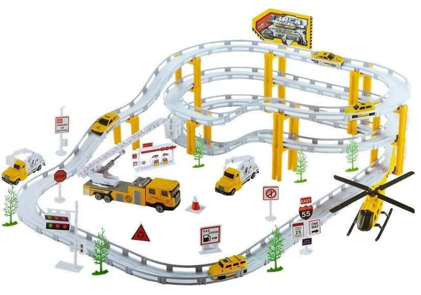 Geležinkelio lenktynių trasa su transporto priemonėmis ir priedais